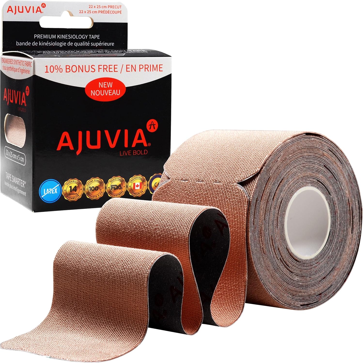 AJUVIA Cinta de kinesiología sintética, 1 rollo, 10% de bonificación, 20 + 2 tiras precortadas, dura hasta 14 días, cinta K hipoalergénica e