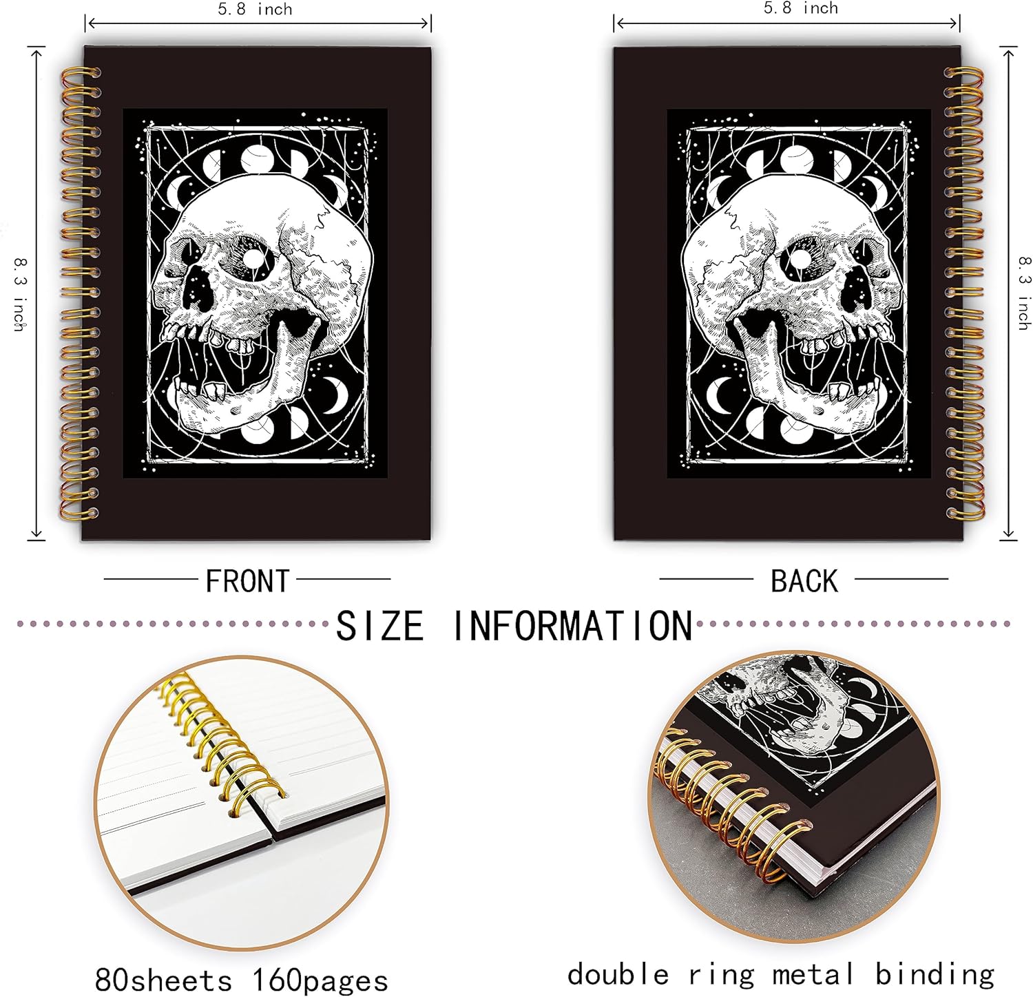 Cuaderno de espiral gótico misterioso de calavera y luna, cubierta dura laminada, con rayas universitarias de 5.5 x 8.3 pulgadas, cuadernos para