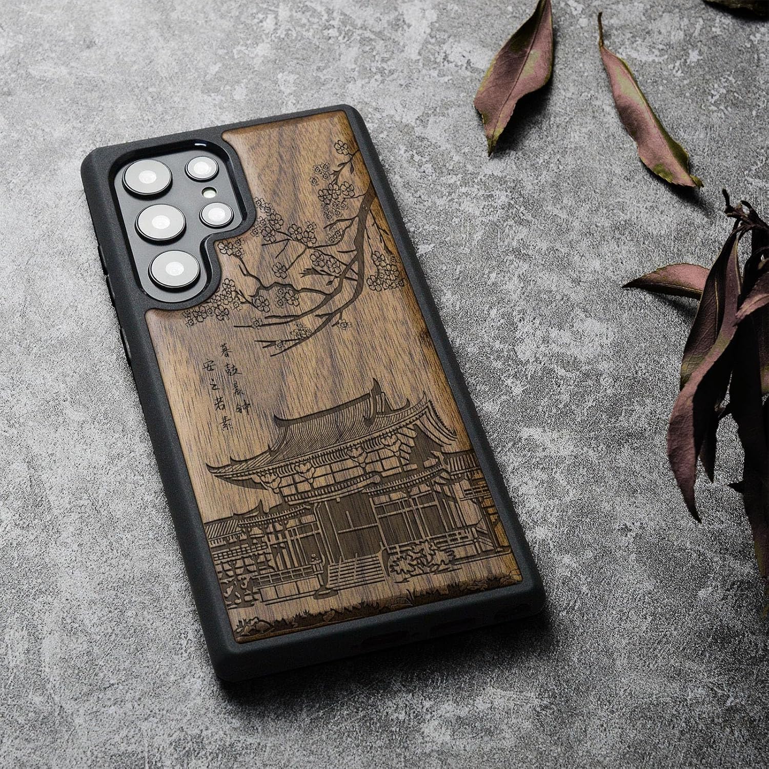 Carveit Funda de madera para Galaxy S22 Ultra 2022 madera natural y TPU suave negro a prueba de golpes, funda de madera única compatible con Samsung