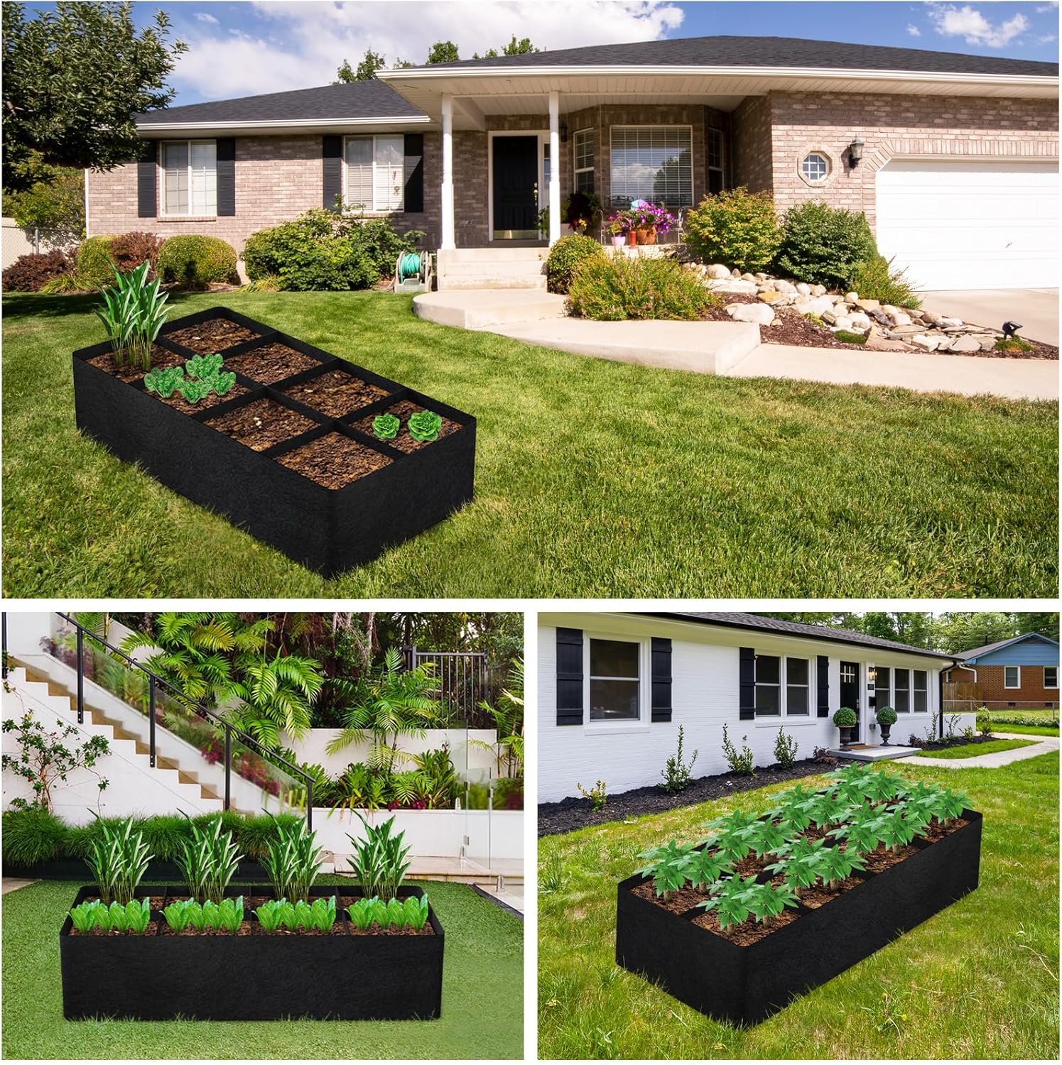 Paquete de 2 camas de jardín elevadas de tela de 128 galones, 8 rejillas, bolsas de cultivo de plantas de 6 x 3 x 1 pies para plantas al aire libre,