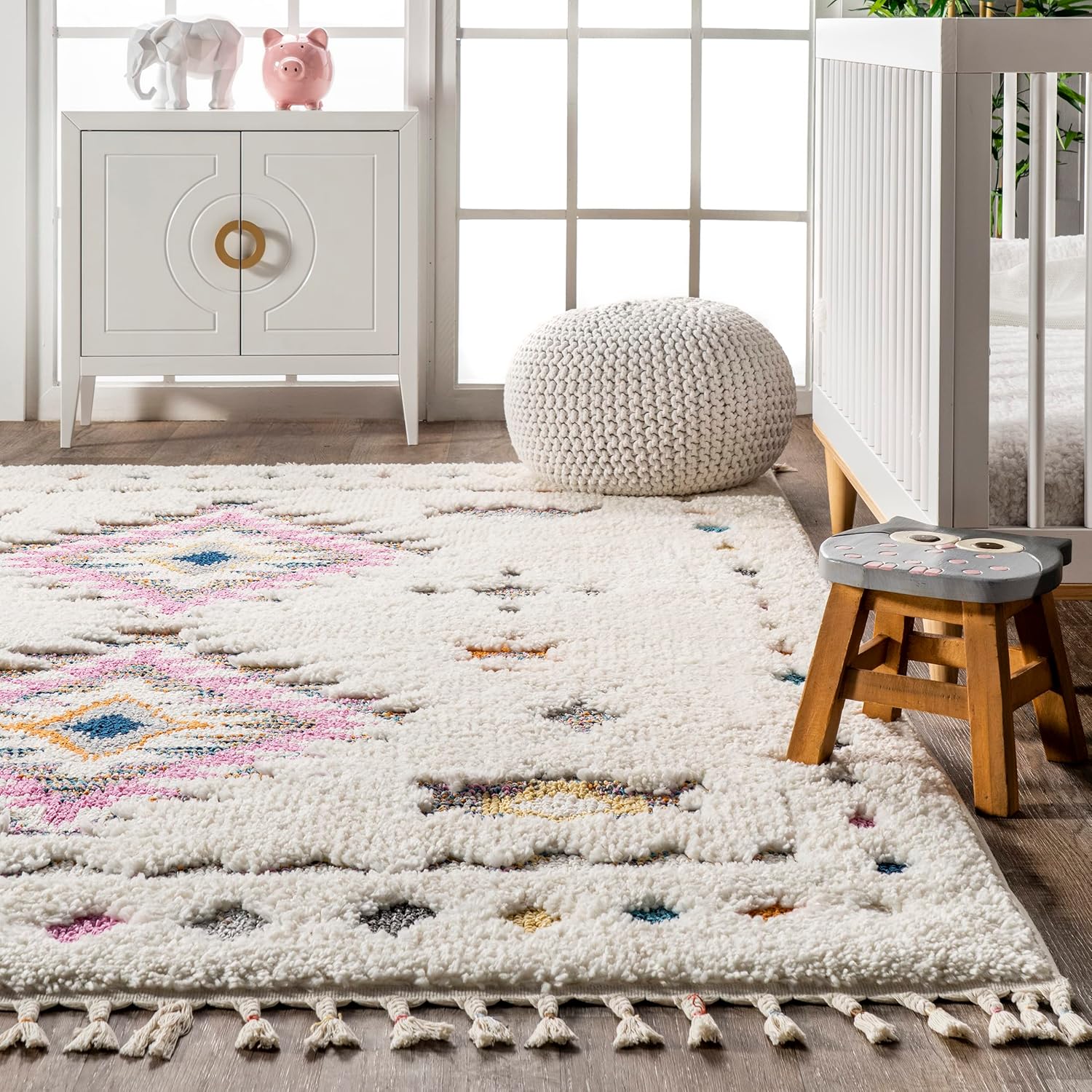 nuLOOM Jocelyn – Alfombra tribal con borlas, redonda, 6 pies, color blanco