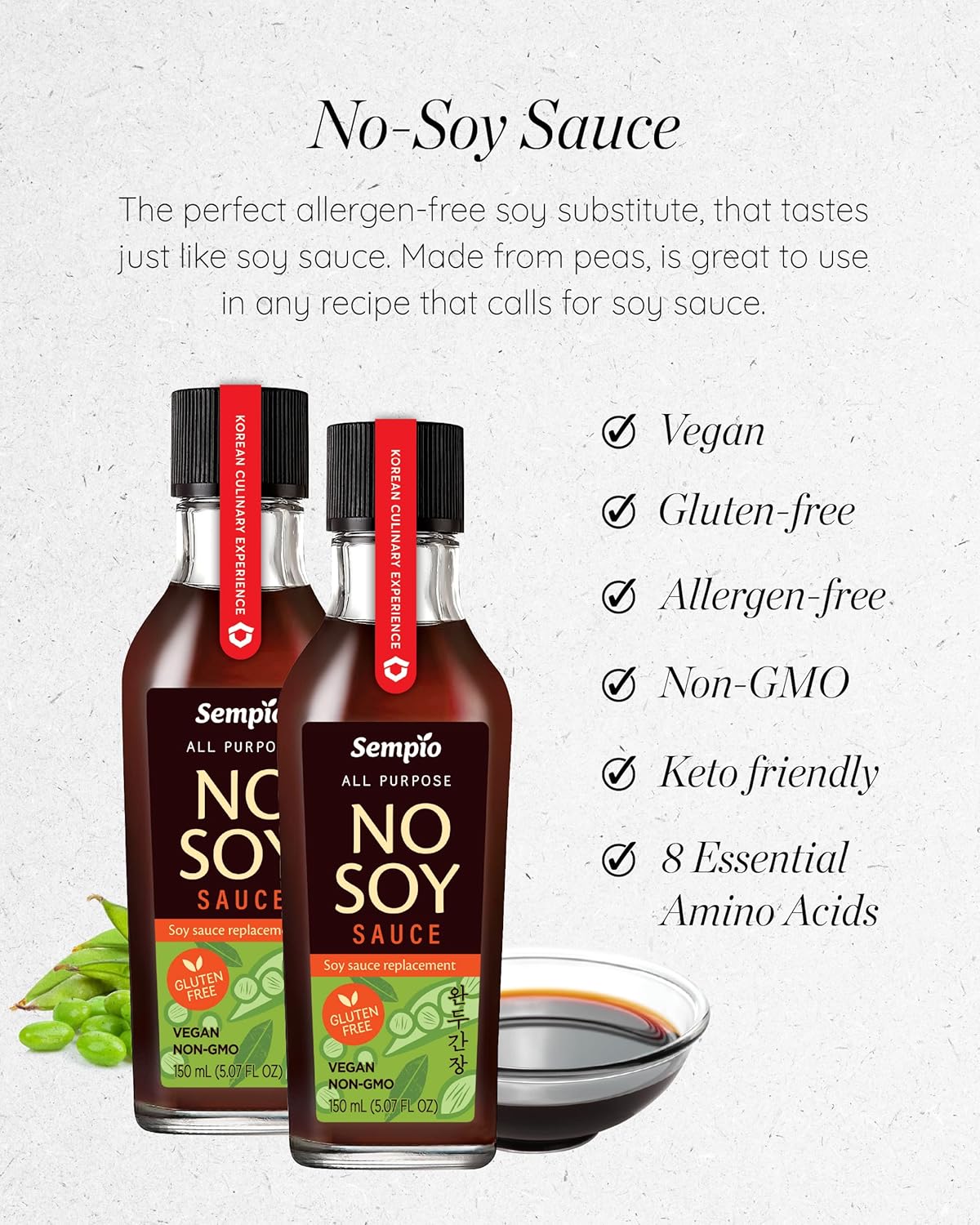 SEMPIO Salsa sin soya alternativa a la salsa de soja multiusos, condimento multiusos hecho con guisantes y proteína de guisantes en lugar de soja,