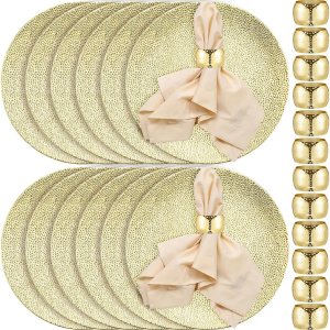 Zhehao Juego de 12 platos dorados y servilleteros, 12 piezas de 13 pulgadas de textura redonda de burbujas con 12 servilleteros dorados para cena, Zhehao Juego de 12 platos dorados y servilleteros, 12 piezas de 13 pulgadas de textura redonda de burbujas con 12 servilleteros dorados para cena,