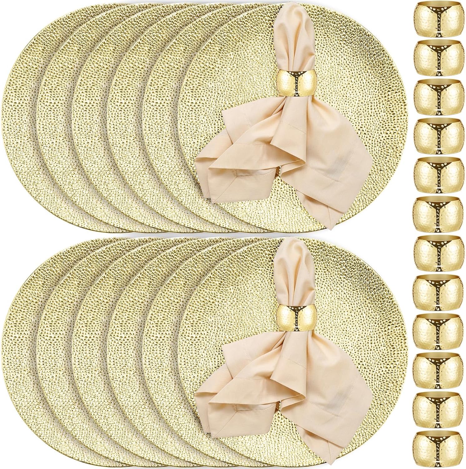 Zhehao Juego de 12 platos dorados y servilleteros, 12 piezas de 13 pulgadas de textura redonda de burbujas con 12 servilleteros dorados para cena,