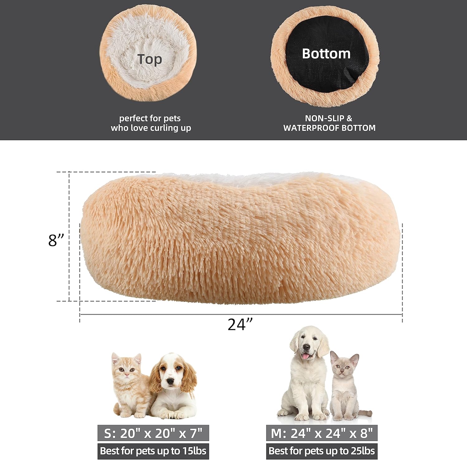 Something Different Cama calmante para perros y gatos, cama redonda suave y antiansiedad, cálida y acogedora cama acolchada de felpa de piel