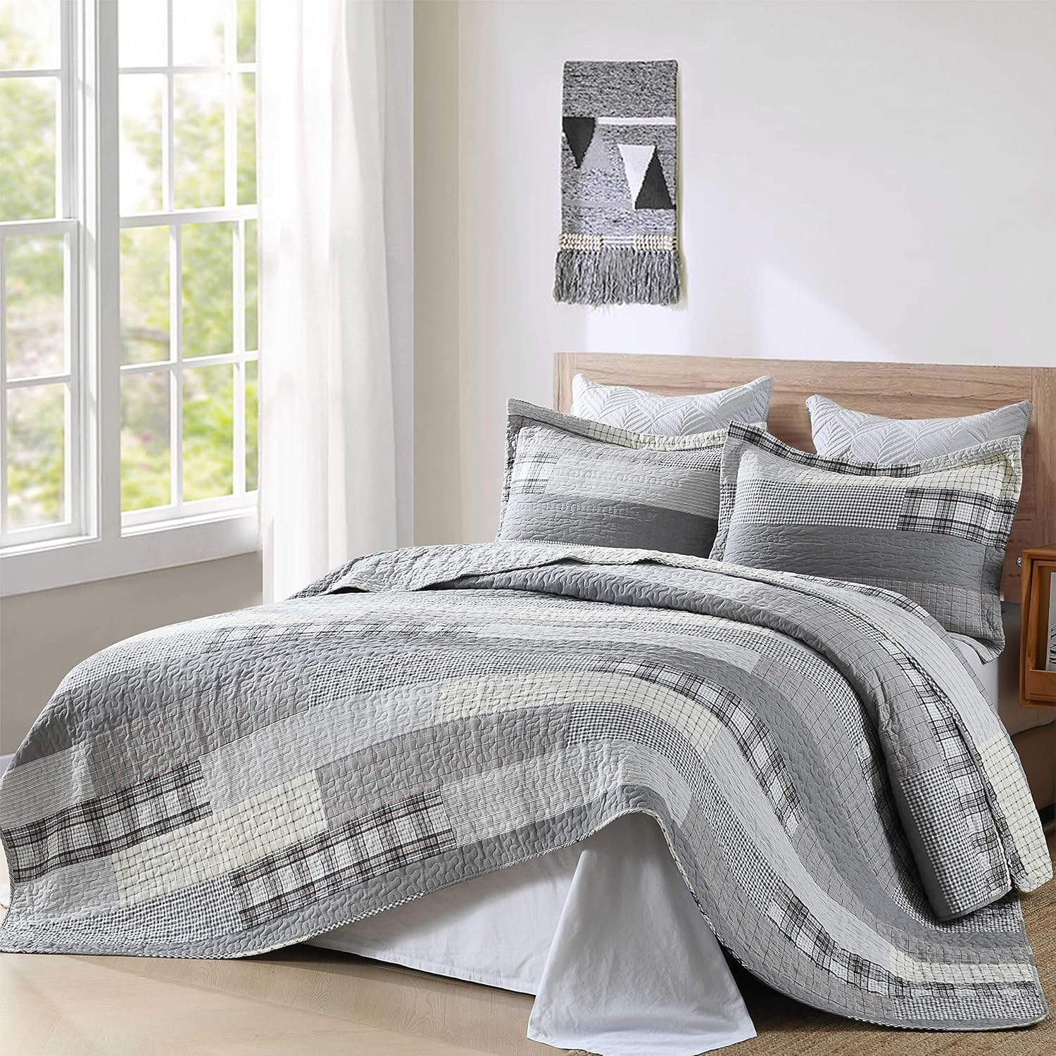 Juego de edredón de tamaño Queen, juego de ropa de cama de retazos 100% algodón, colcha a cuadros tamaño queen, juego de edredón ligero y