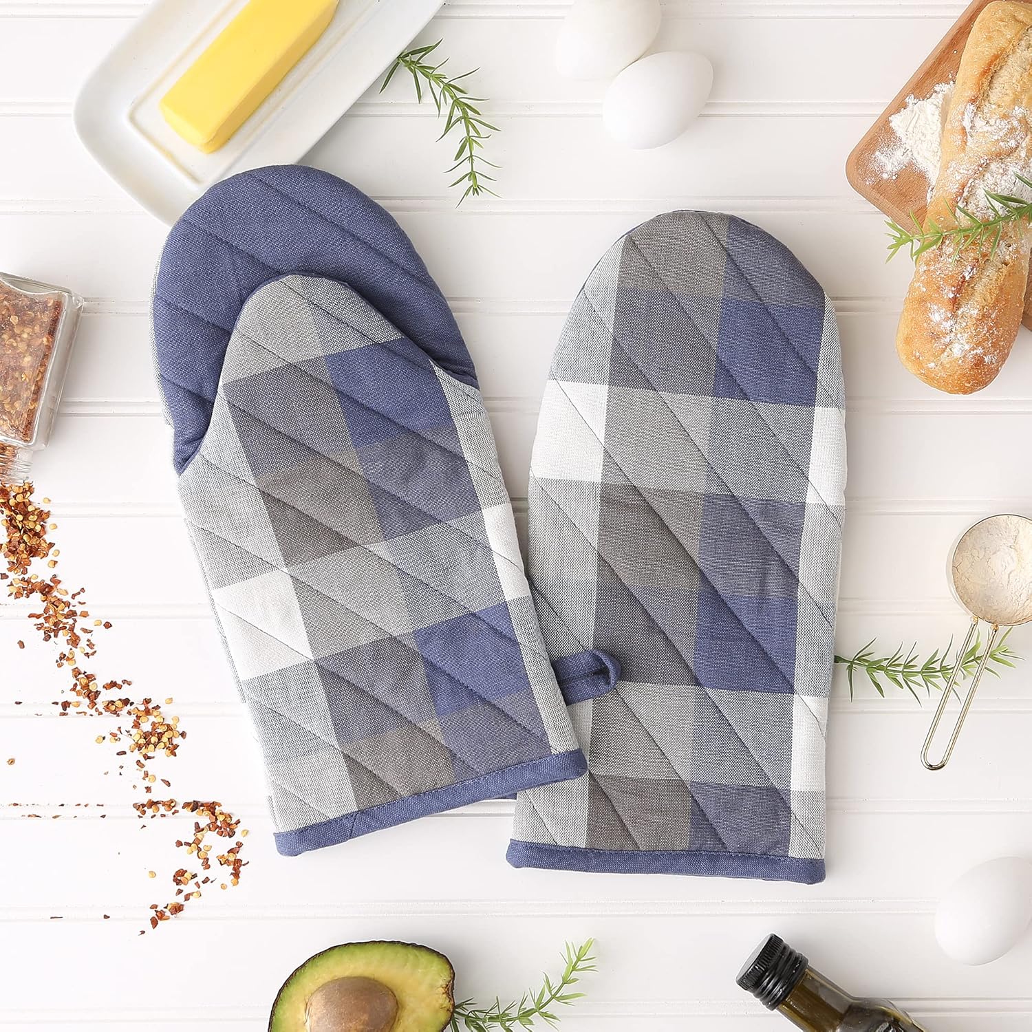 DII Tri-Color Check Collection – Juego de manoplas para horno, color azul francés, 2 piezas
