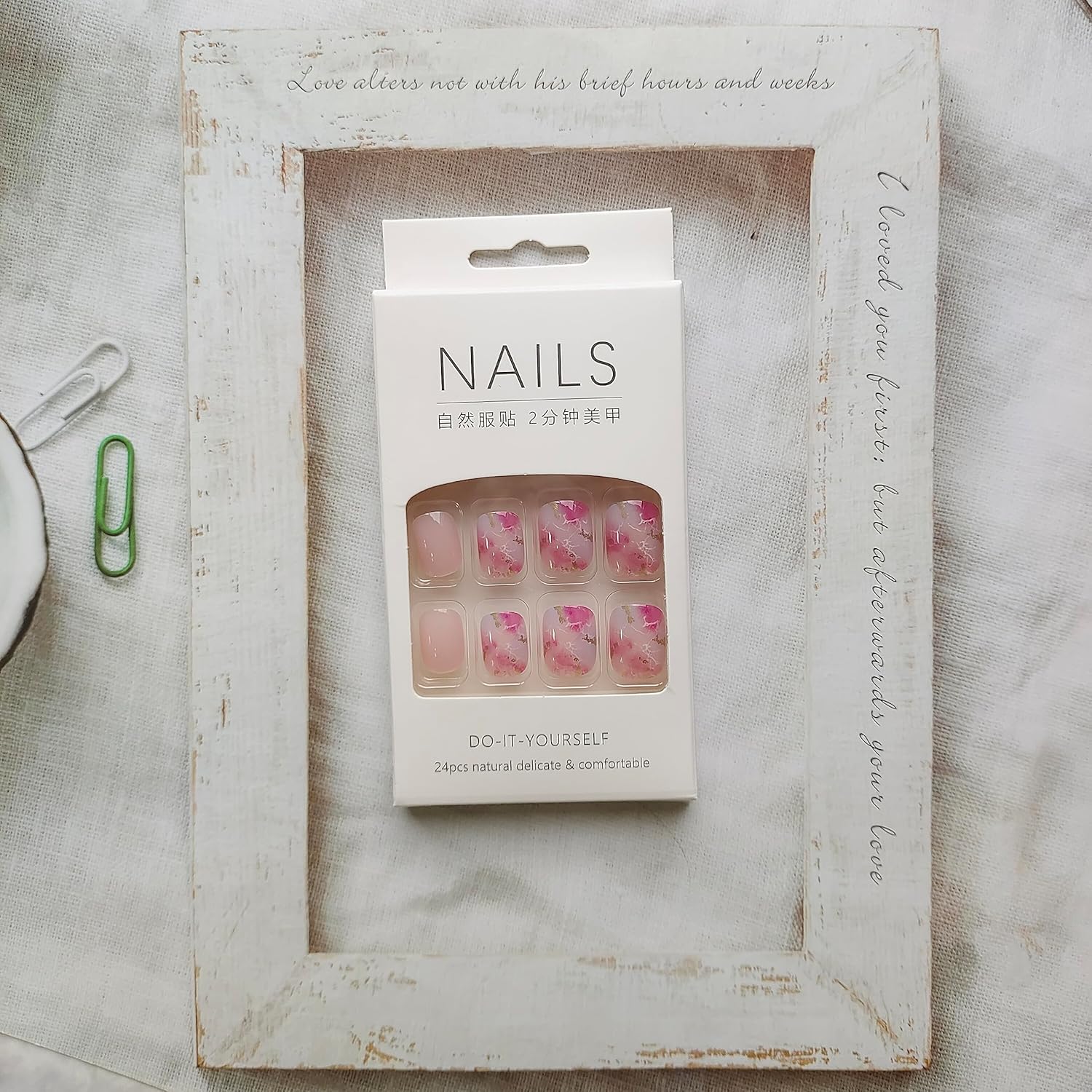 Uñas postizas cortas a presión, cuadradas, con diseño de flor de cerezo, rosa, degradado, con diseños de lámina dorada, romántica puesta de sol por