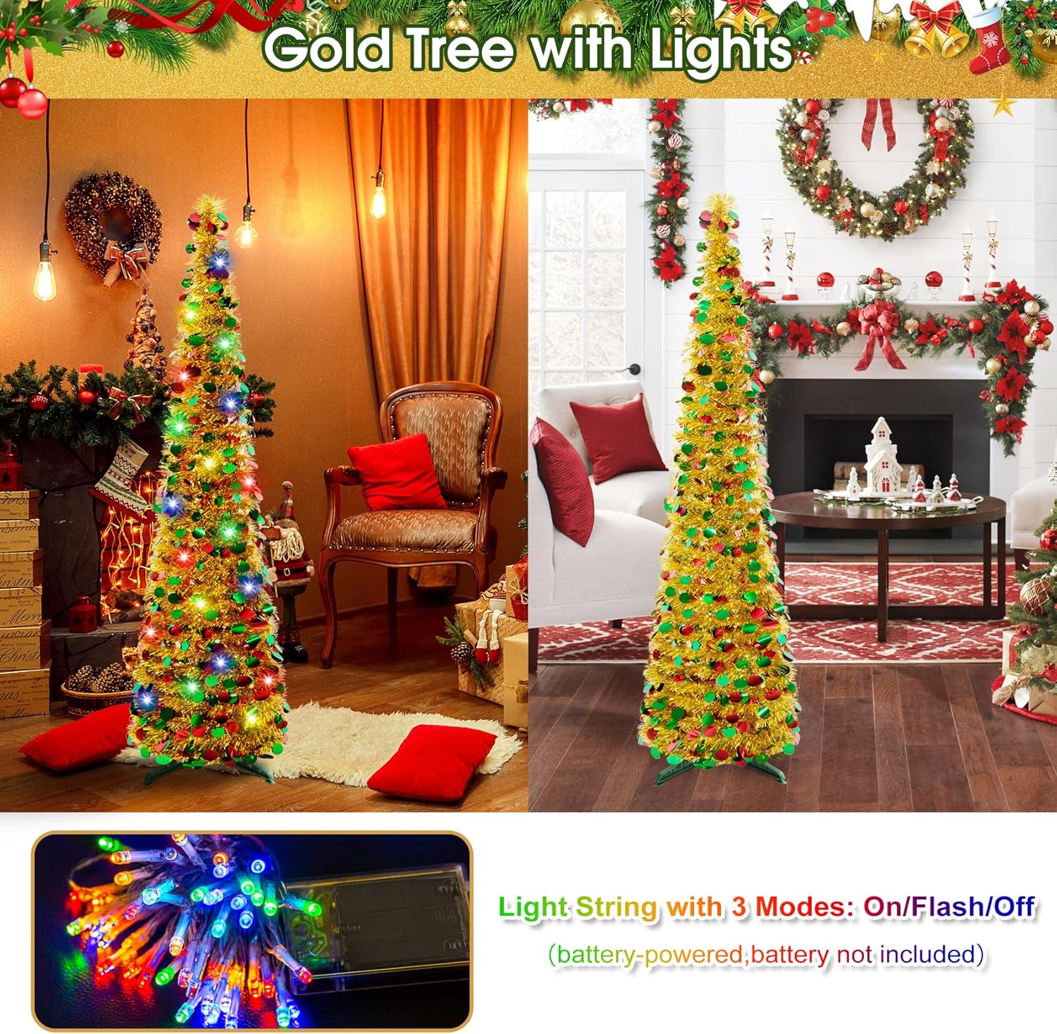Árbol de Navidad dorado de 5 pies, árbol de Navidad artificial con luces, oropel costero plegable, árbol de Navidad delgado para el hogar,
