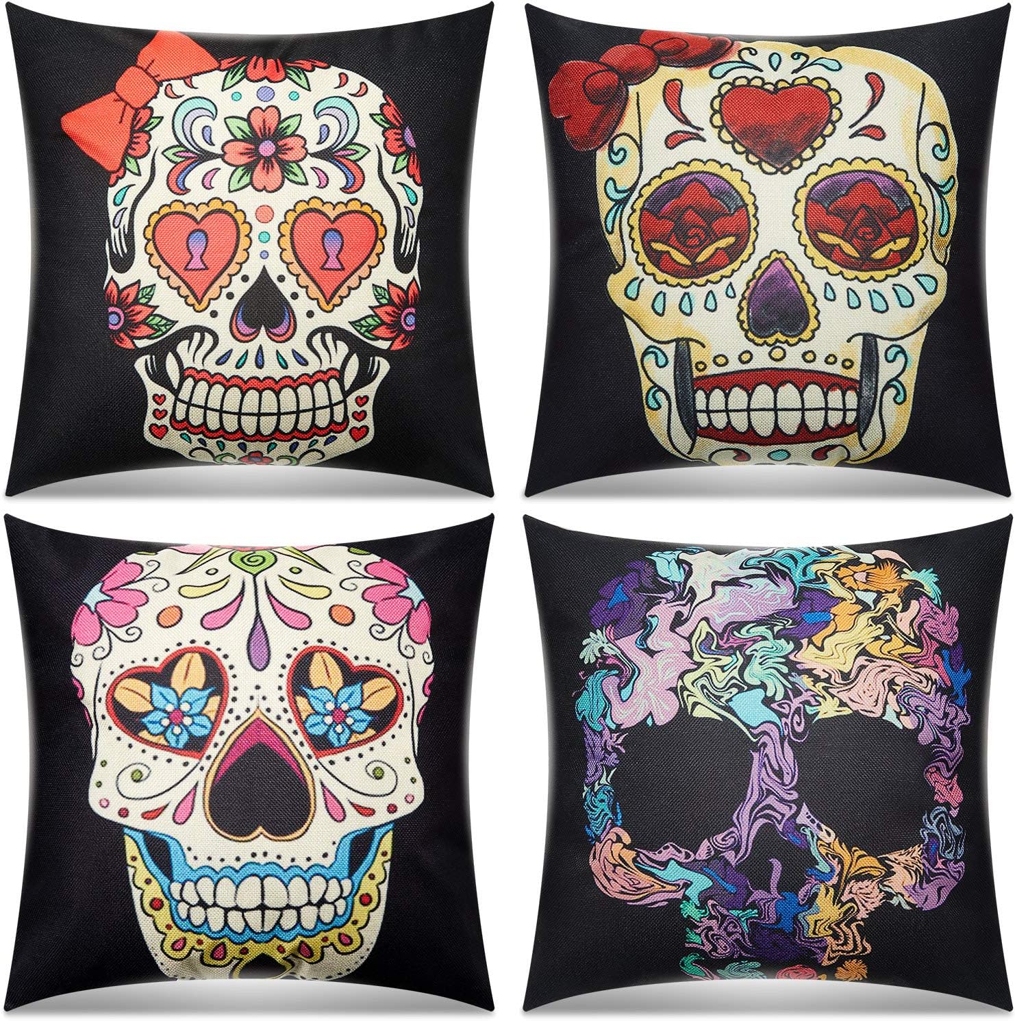 4 fundas de almohada decorativas de Halloween, fundas de almohada cuadradas de lino para el Día de los Muertos, fundas de almohada cuadradas de lino