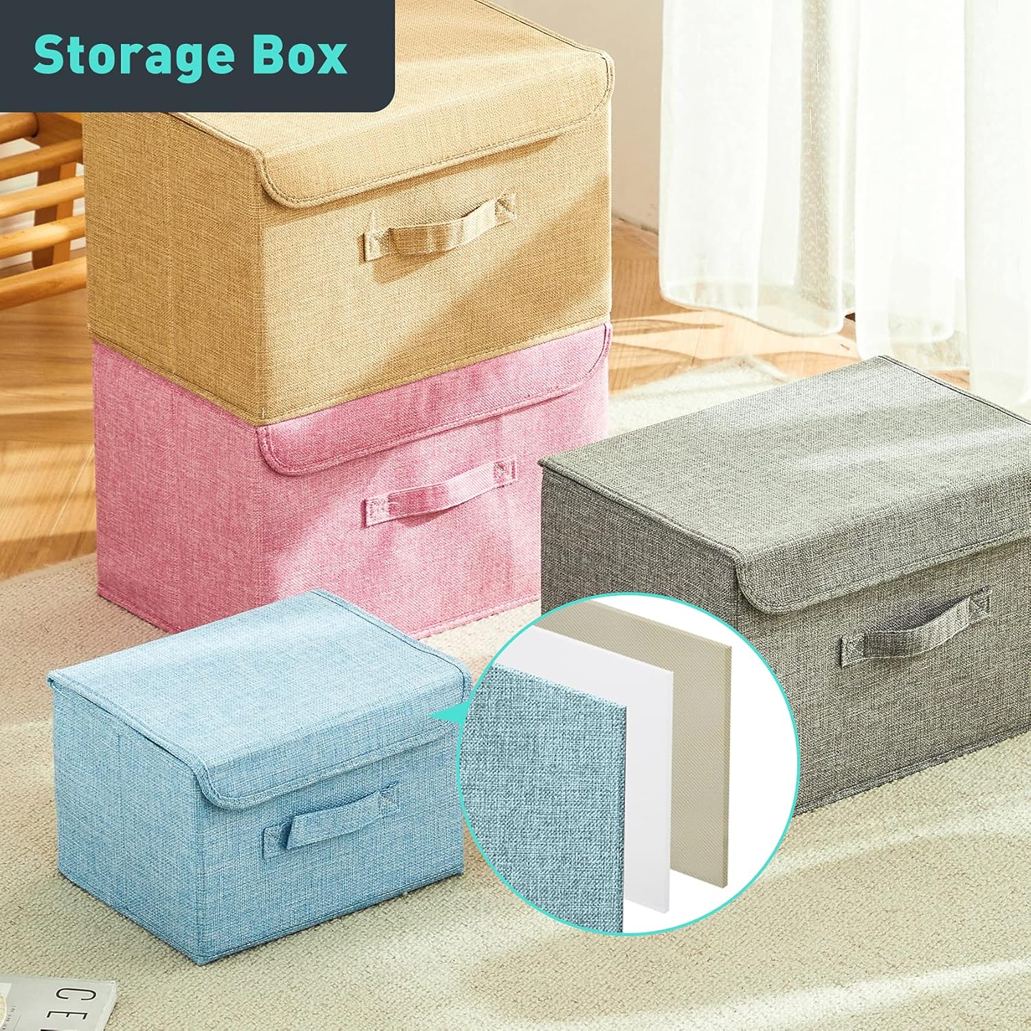 Caja de almacenamiento plegable 2 cajas de almacenamiento con tapas, caja de almacenamiento de lino, utilizada para almacenar juguetes, ropa, papel
