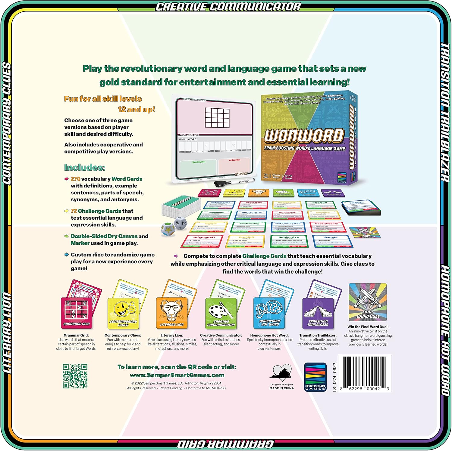 Semper Smart Games Wonword Brain-Boosting Word Game. Vocabulario esencial, lenguaje crítico y expresión creativa hecha divertida para 12 años en