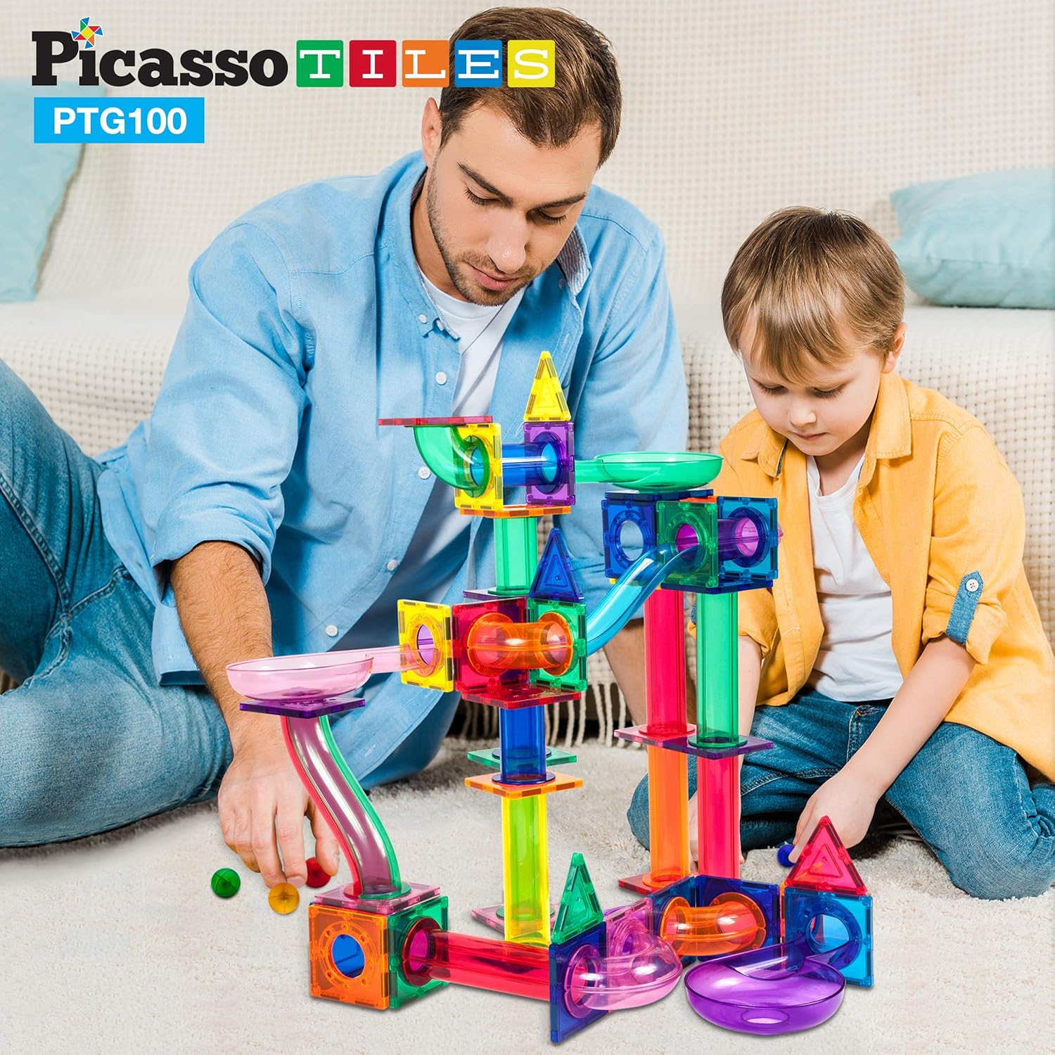 PicassoTiles Paquete de 100 piezas de pista de carreras de canicas + estuche de transporte juego educativo STEAM para niños, incluye organizador de