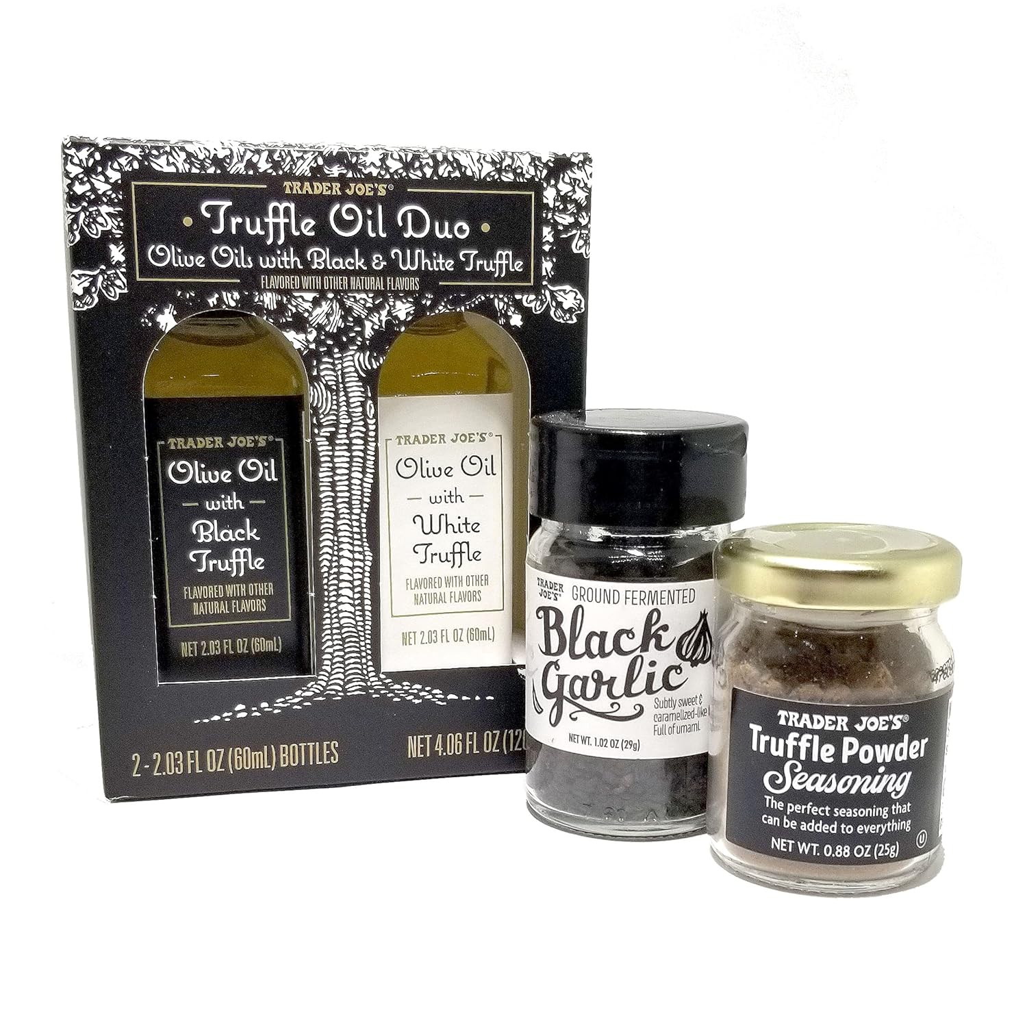 Juego de 4 piezas de aceite y condimentos especiales de Trader Joe’s en blanco y negro, dúo de aceite de trufa, condimento en polvo de trufa y ajo