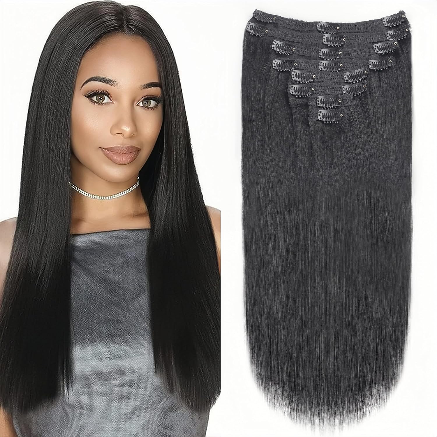 Lysilf Yaki – Extensiones de cabello lacio con clip para mujeres negras, cabello humano virgen brasileño, lacio, con clip, 8 piezas con 18 clips,