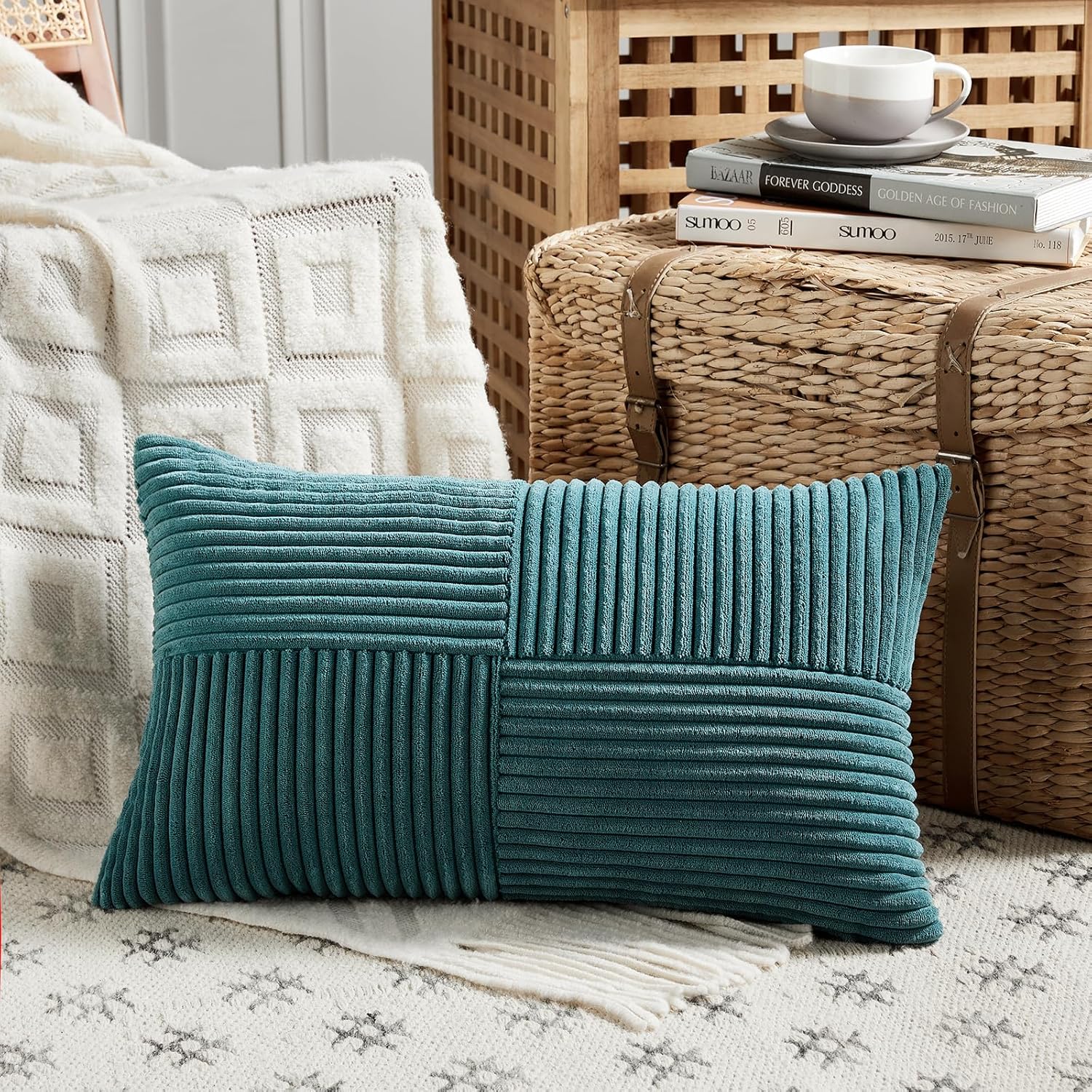 Fancy Homi – 2 fundas decorativas para cojín lumbar y rectangular de pana suave y texturizada a rayas, decoración rústica y bohemia de casa de