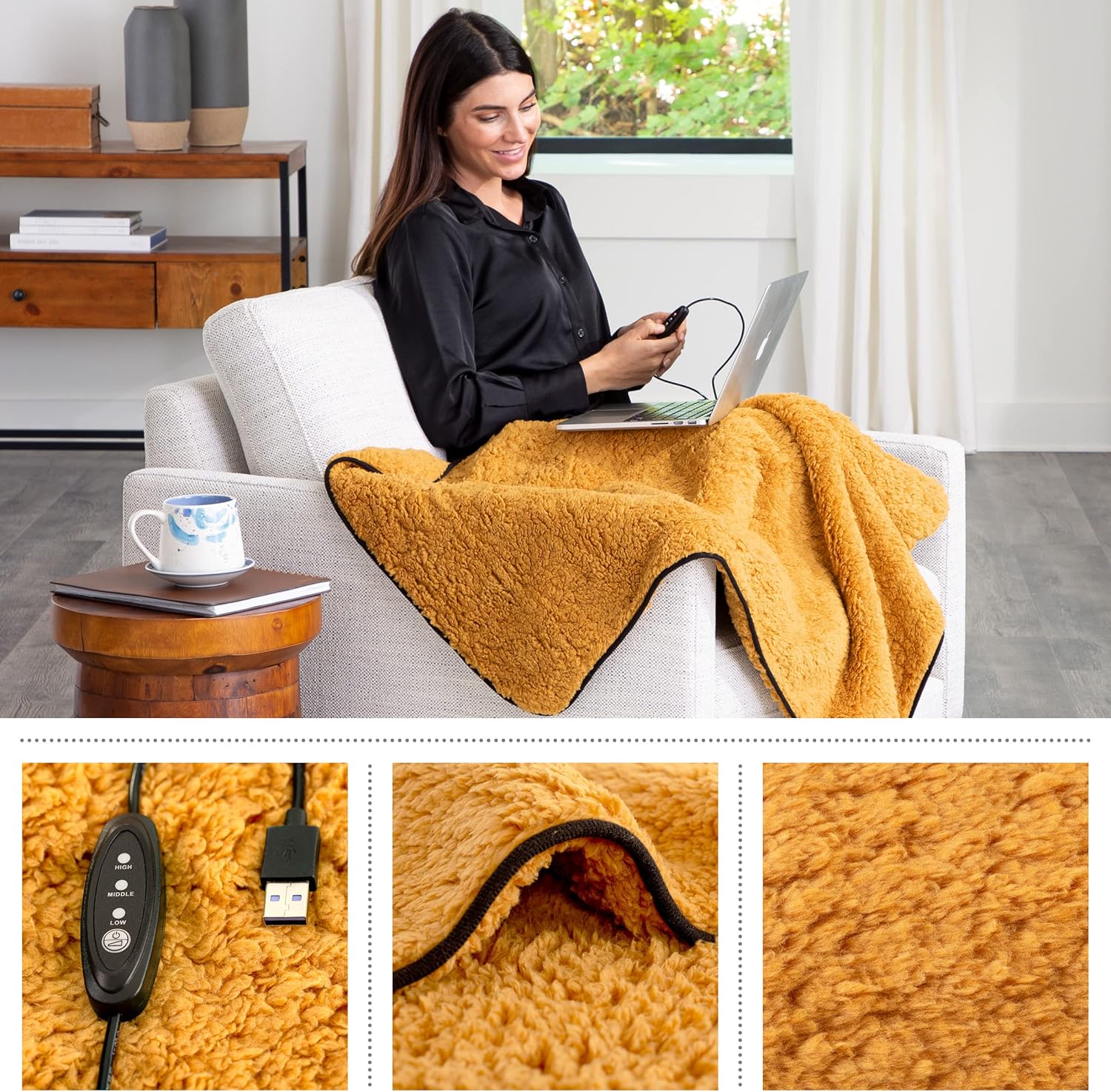 Stalwart Paquete de 2 mantas térmicas de sherpa alimentadas por USB para viajes, hogar, oficina o campamento, accesorios de invierno para automóvil