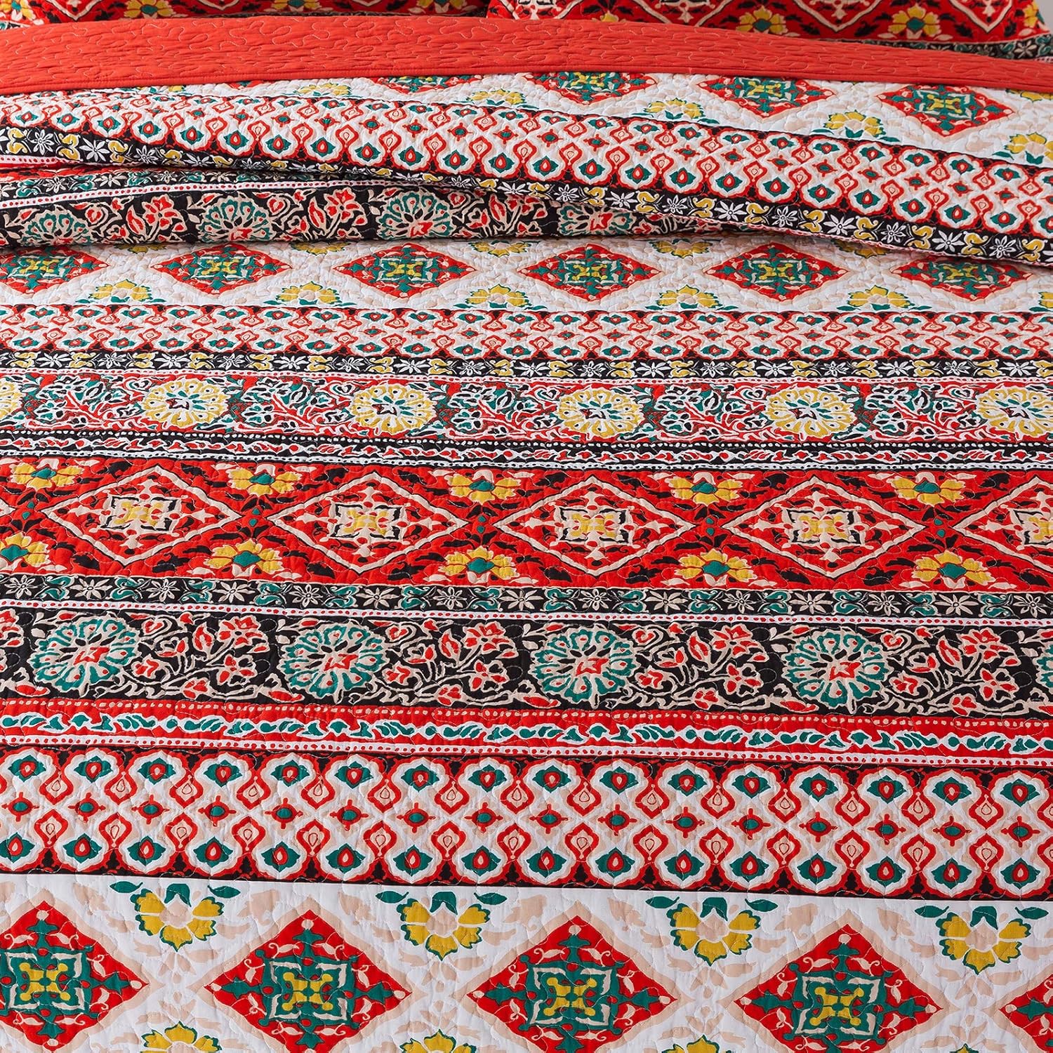 NEWLAKE – Juego de edredón de algodón, juego de cubrecama reversible con diseño de mosaico, patrón bohemio europeo a rayas, tamaño queen