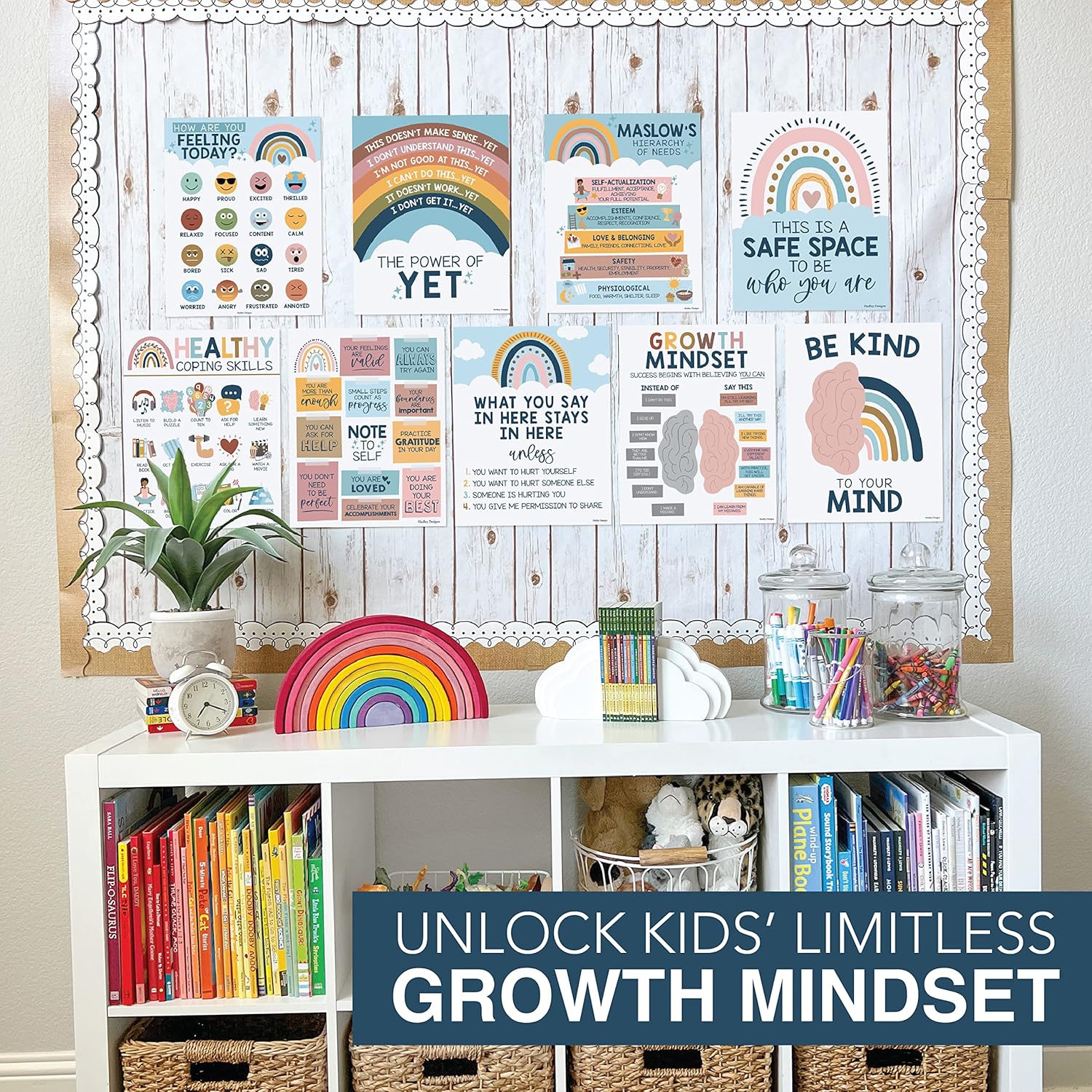 9 pósteres bohemios de salud mental arcoíris para aula primaria, 6 carteles de diversidad para decoración de aula para profesores, rincón tranquilo,
