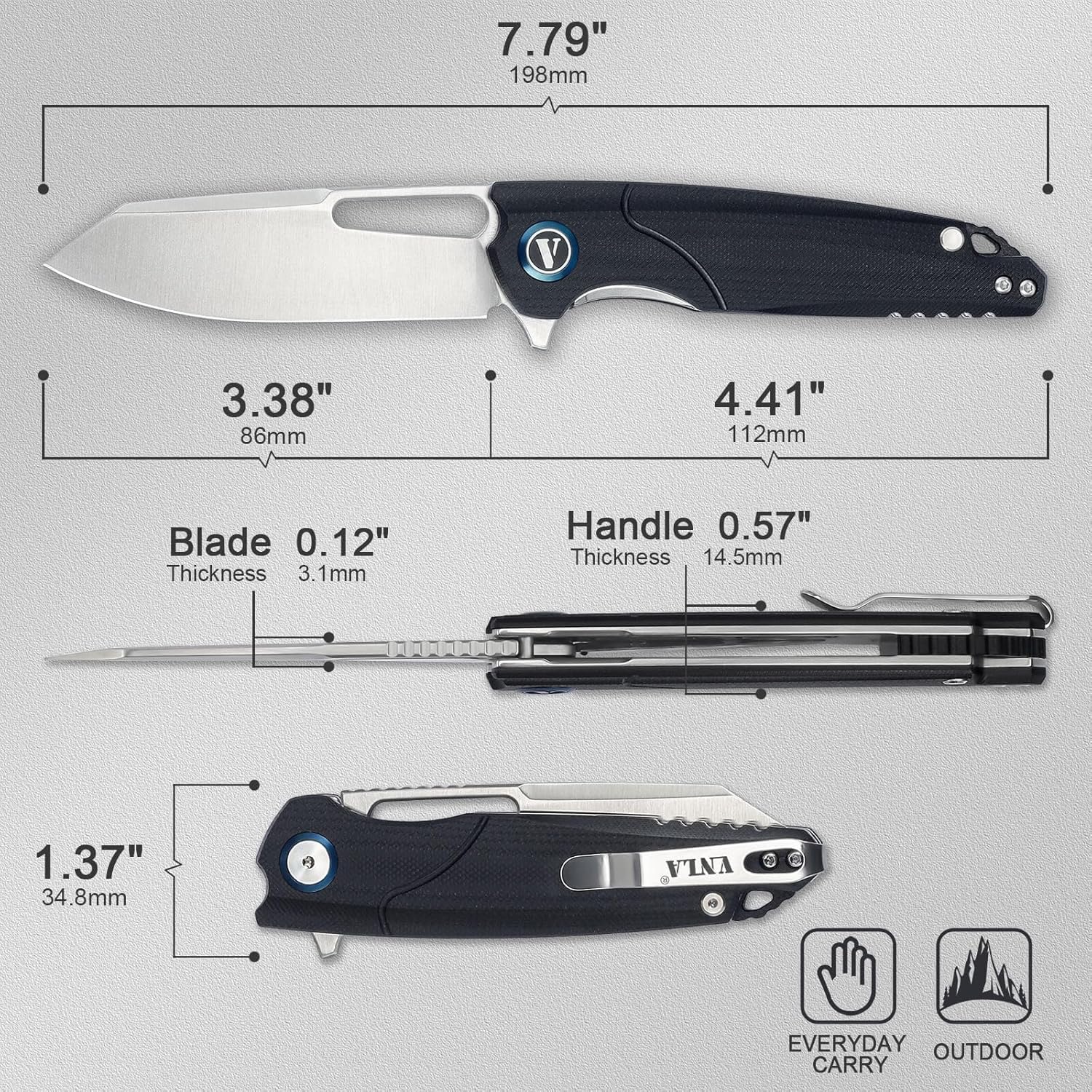 VNLA Navaja de bolsillo plegable con apertura de aleta, hoja Sandvik 14C28N, mango G10, con clip de bolsillo profundo, para hombres y mujeres,