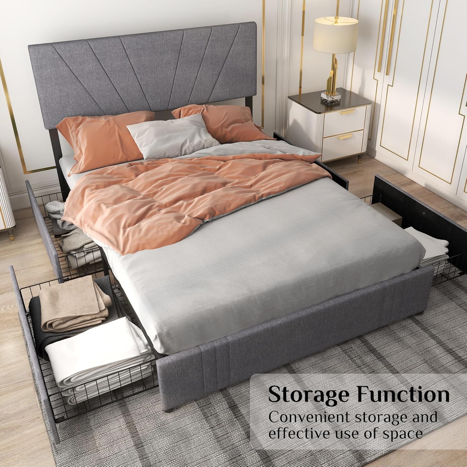 Base de cama de tamaño matrimonial con tapizado y 4 cajones fijos de almacenamiento, cabecera ajustable, embalaje de una caja, no necesita somier,