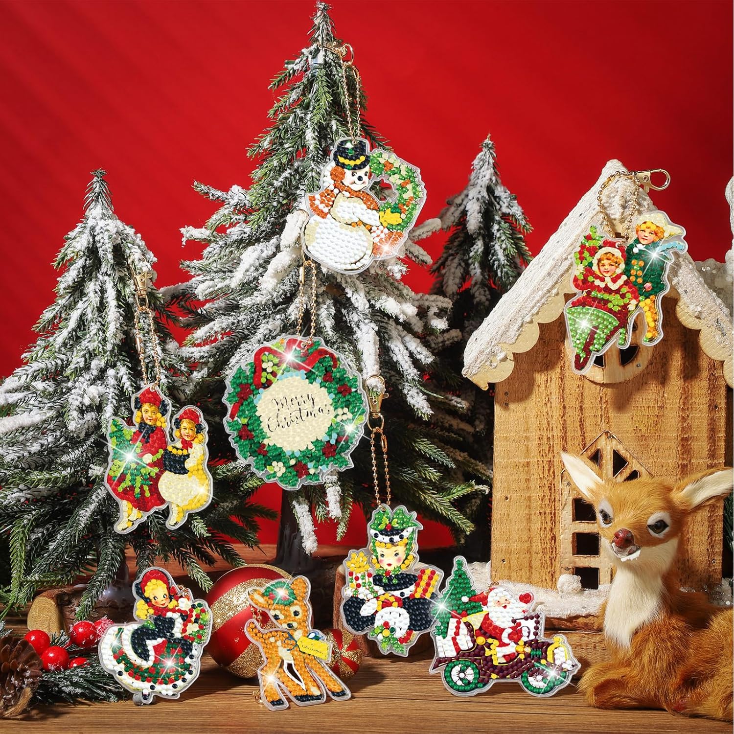 BBTO 15 llaveros de pintura de diamante vintage de Navidad, adornos de pintura de diamantes 5D, llaveros de arte de diamantes de Navidad para niños,