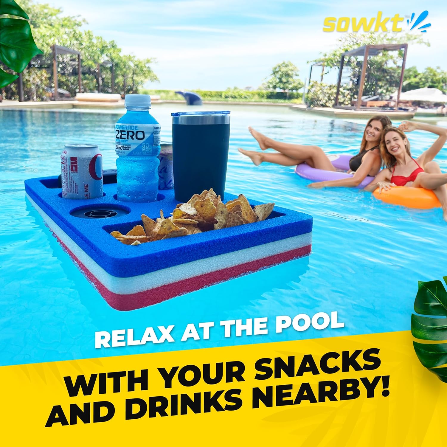 SOWKT – Soporte flotante para bebidas para piscinas y jacuzzis con ojales, flotadores de espuma para bebidas de piscina, capacidad para hasta 4
