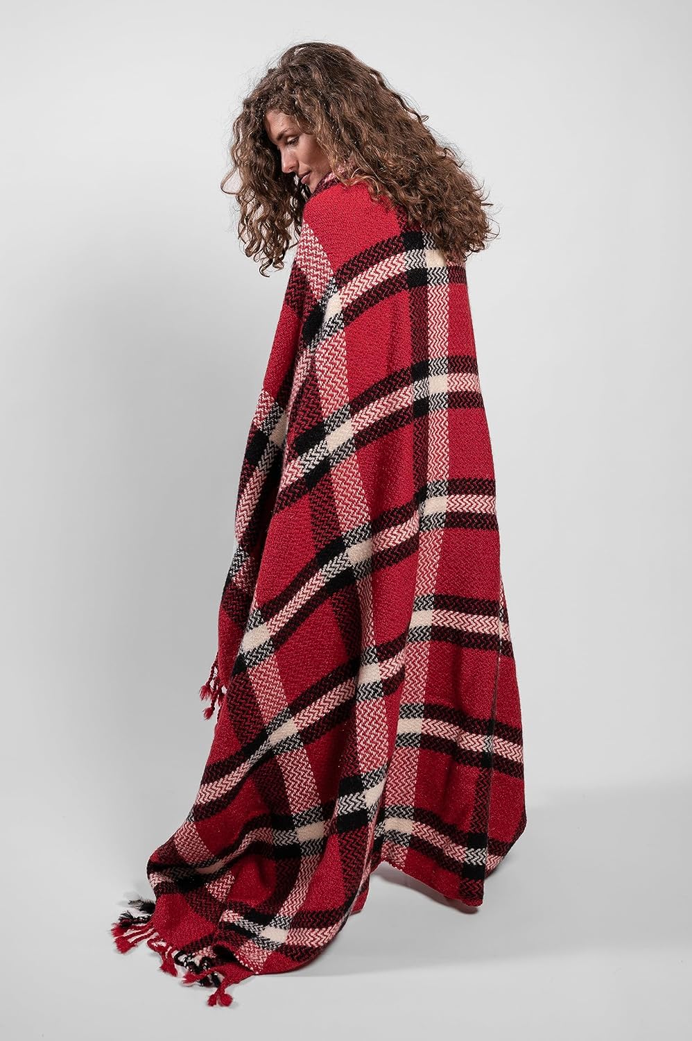 Ritzy Manta de lana a cuadros con flecos, cálida y gruesa, 4 libras, 540 GSM, lavable a máquina, multicolor, rojo y negro