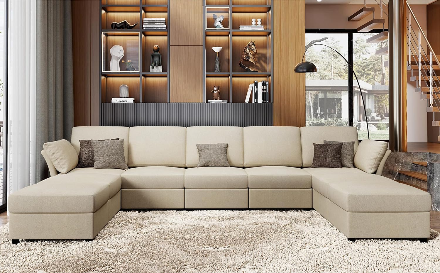 VanAcc Sofá modular de 9 asientos, sofá modular modular en forma de U con otomanas, sofá reversible para sala de estar, felpilla beige