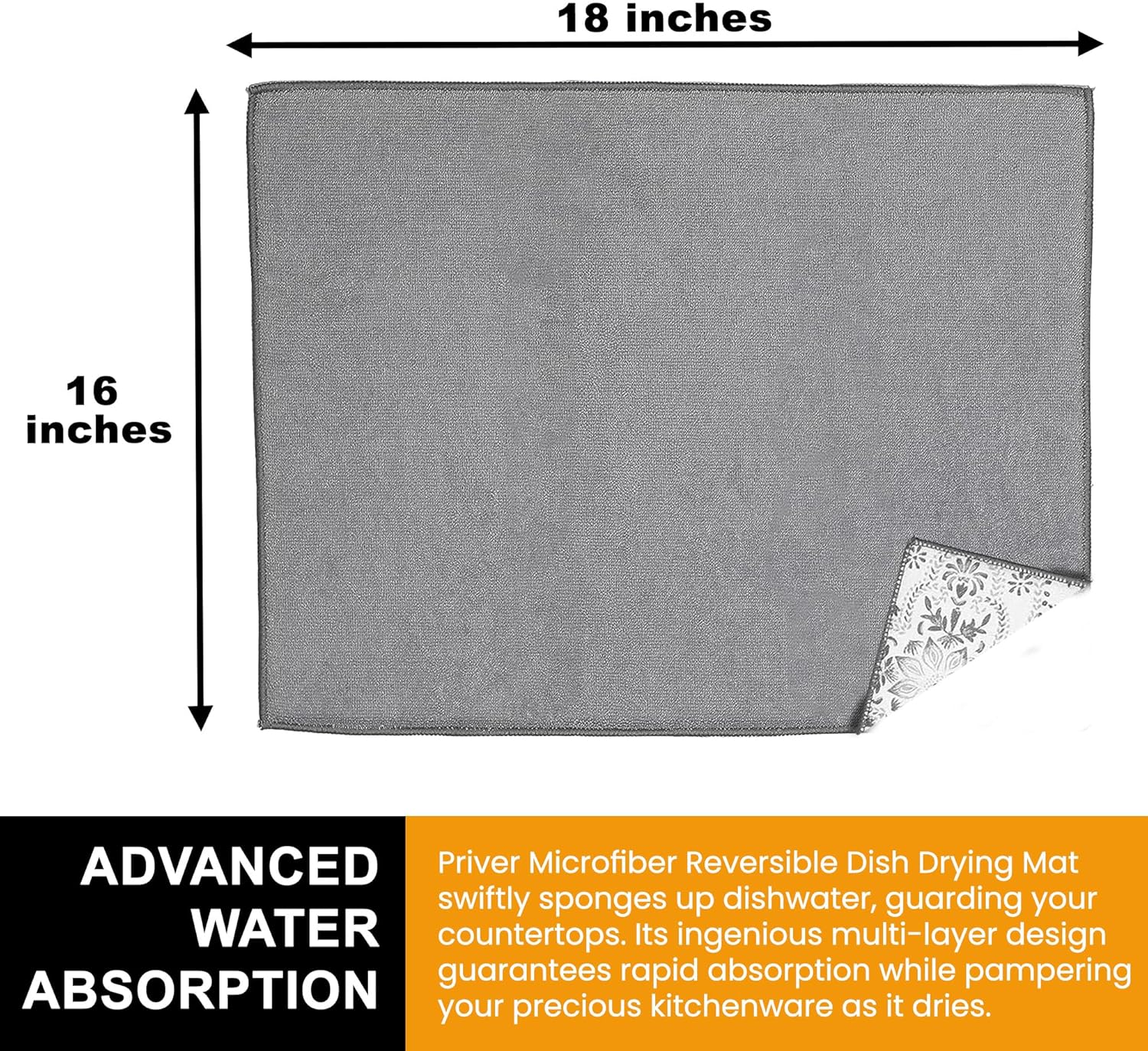 Priver Tapete reversible de microfibra absorbente para secado de platos, tapete grande para encimera de cocina para secado rápido de platos,
