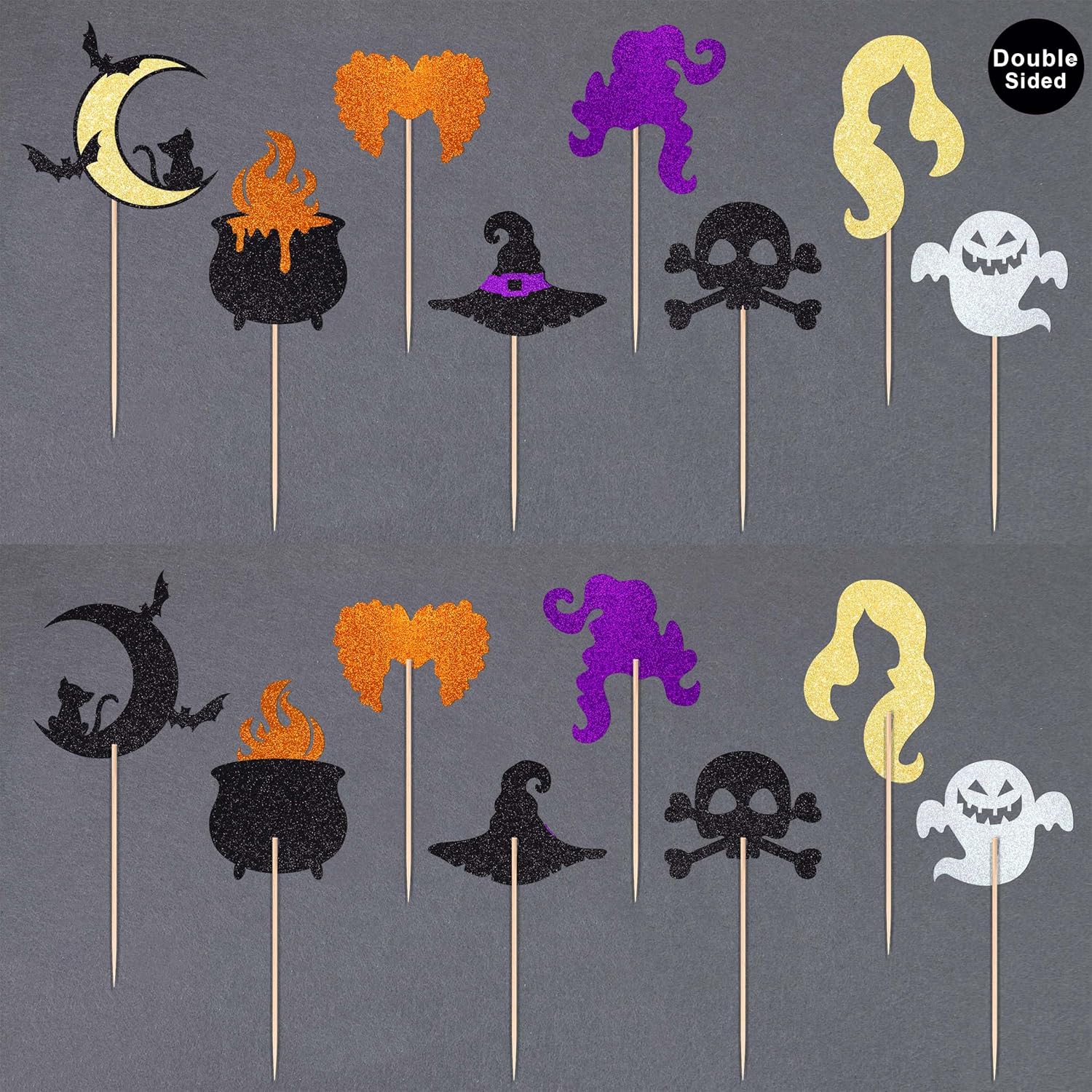 Gexolenu 48 piezas de decoración para cupcakes de Hocus Pocus, con purpurina de doble cara, espeluznante para Halloween, murciélago, fantasma,