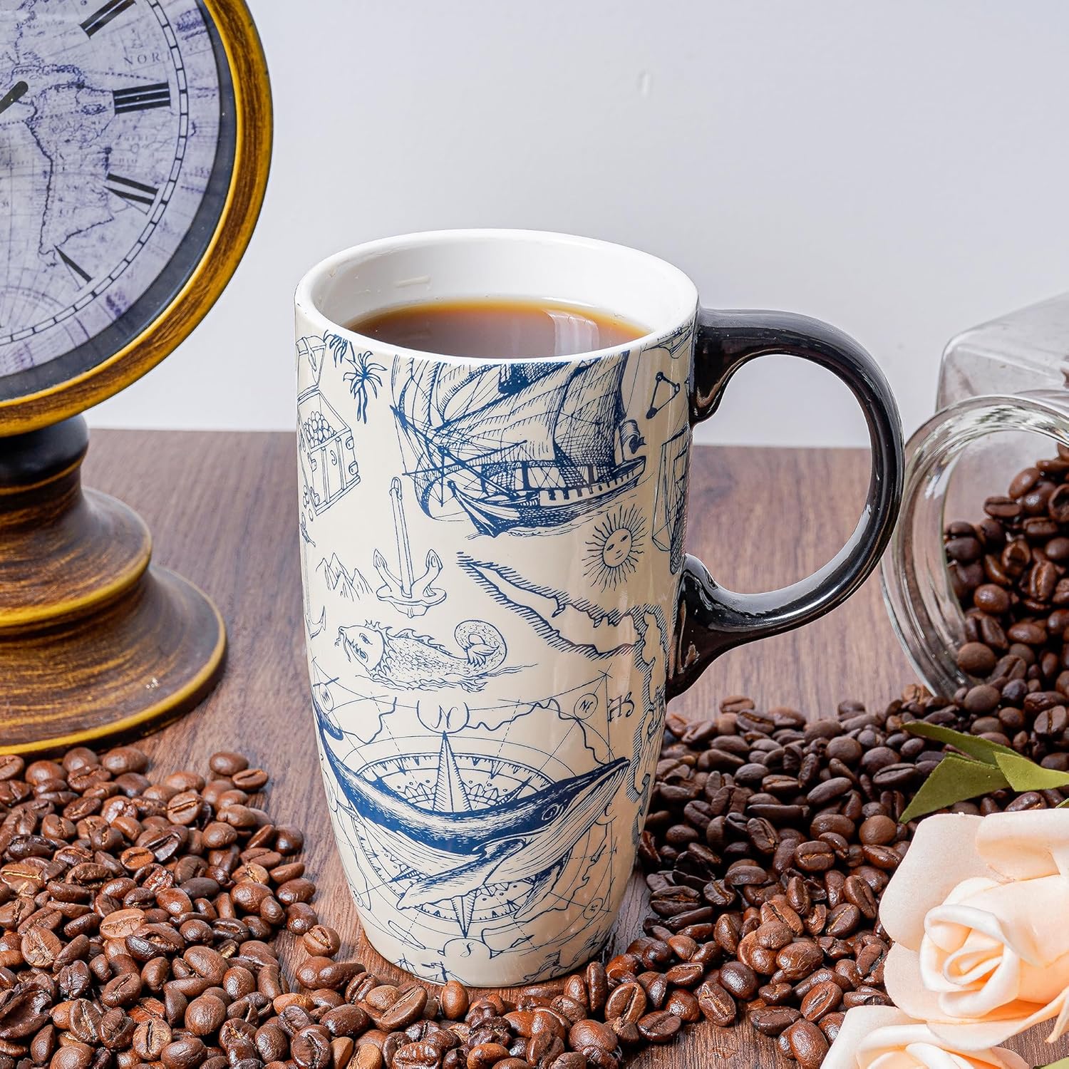Topadorn Taza de café de cerámica para regalo con tapa de 17 onzas, taza de té alta de porcelana con asa para el hogar y la oficina, taza con patrón