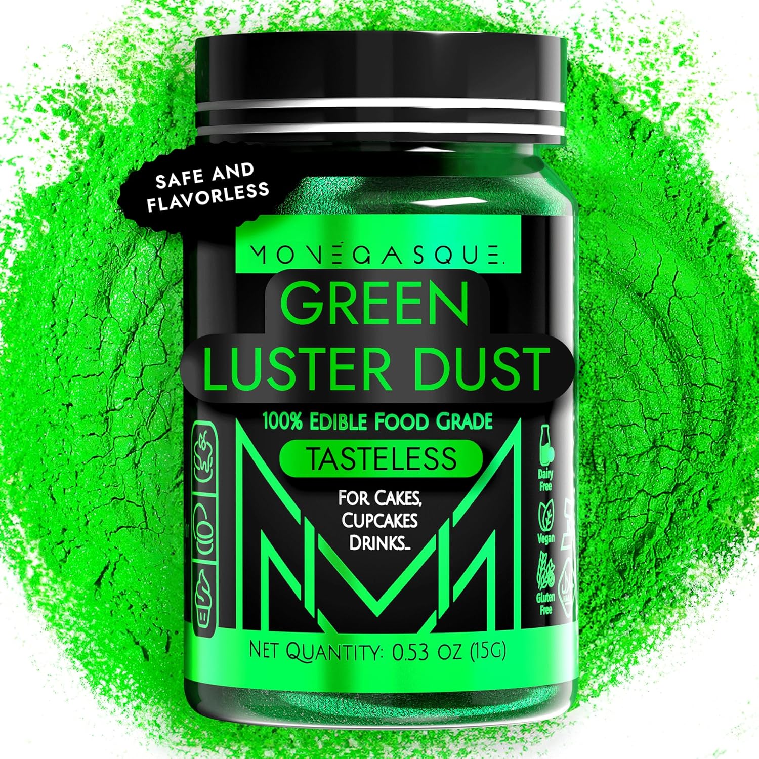 MONÉGASQUE Green Luster Dust – Purpurina comestible para bebidas y postres, 0.53oz, polvo verde comestible para pasteles y bebidas comestibles, sin