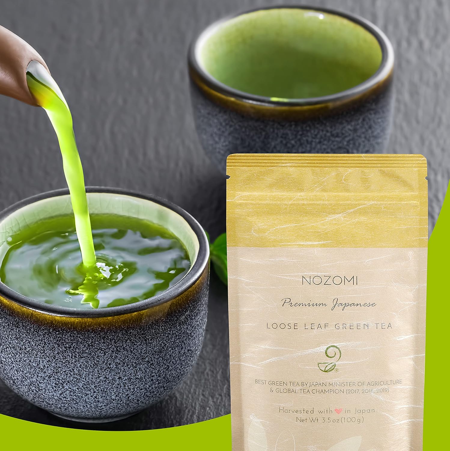 Nozomi Té verde japonés de hojas sueltas (3.5 onzas)  Vegano de origen único rico en antioxidantes Kabuse Sencha Té verde orgánico