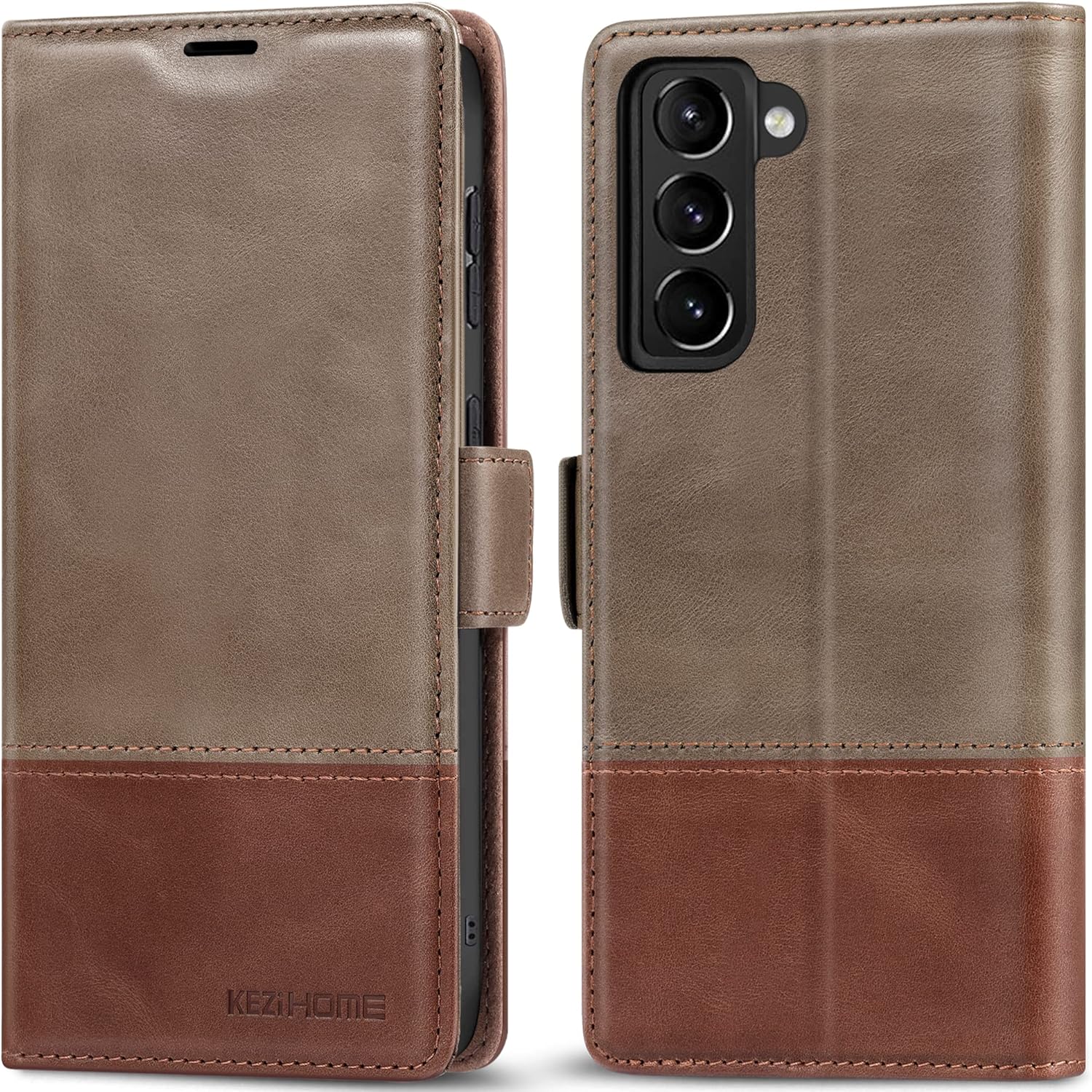 KEZiHOME Funda para Galaxy S22+ Plus 5G, de piel auténtica, con función atril y ranura para tarjeta de crédito, bloqueo magnético, compatible con