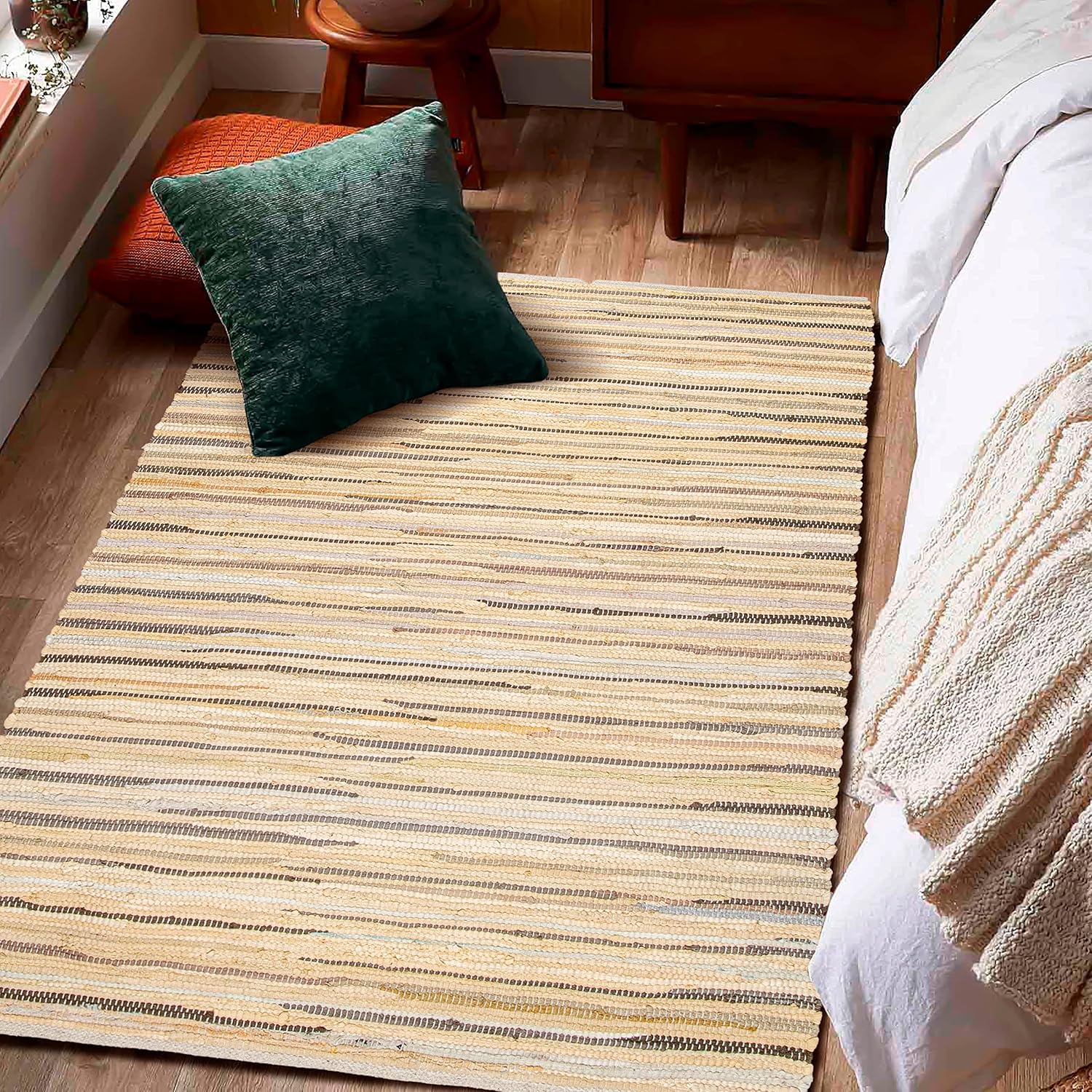 Alfombra de trapo 100% algodón de 3 x 5 pies (36 x 60 pulgadas), alfombra Chindi multicolor, tejida a mano y reversible para sala de estar, cocina,