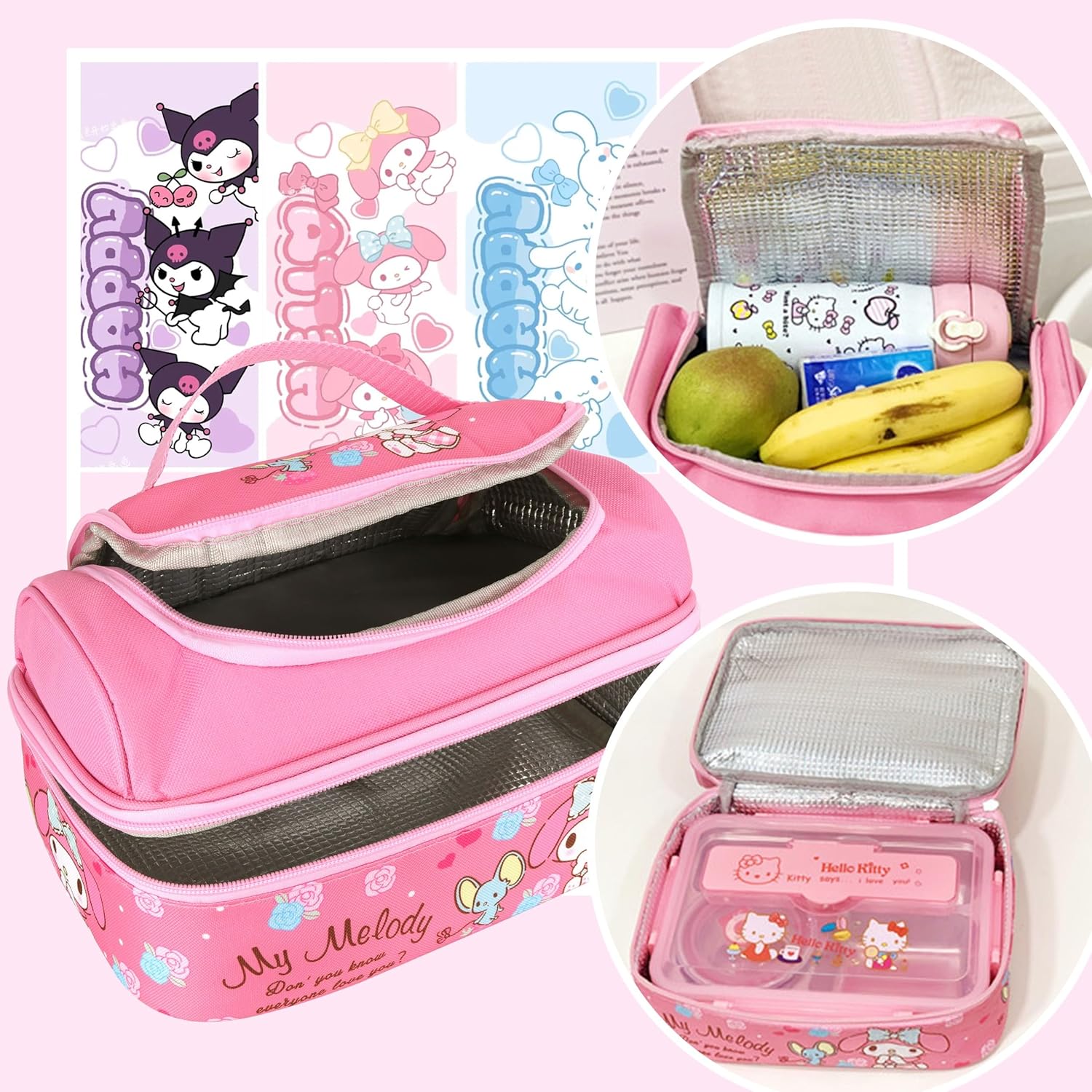 Anime Melody – Bolsa de almuerzo para hombre y mujer, a prueba de fugas, gran compartimento, contenedor de almuerzo para trabajo, viajes, color rosa