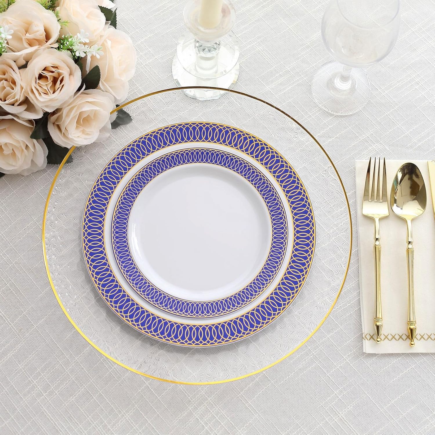 Efavormart – Paquete de 10 platos de postre de plástico blanco con borde en espiral azul marino dorado, platos redondos desechables de 7 pulgadas