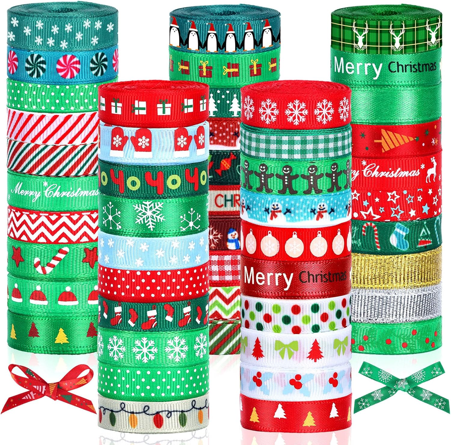 Yuxung 50 rollos de cinta fina de Navidad a granel de 0.4 pulgadas, 5 yardas cada rollo de cinta de grogrén de vacaciones para festivales de