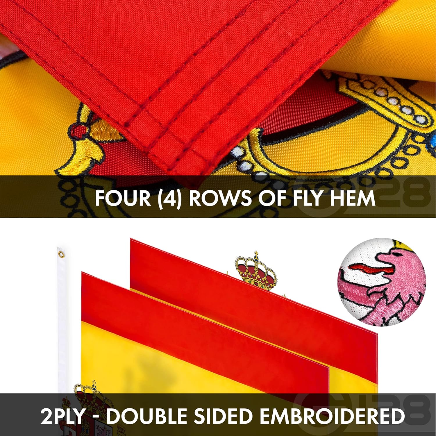 G128 Paquete combinado bandera estadounidense de Estados Unidos de 3 x 5 pies bordada con estrellas y bandera de España (española) de 3 x 5 pies de