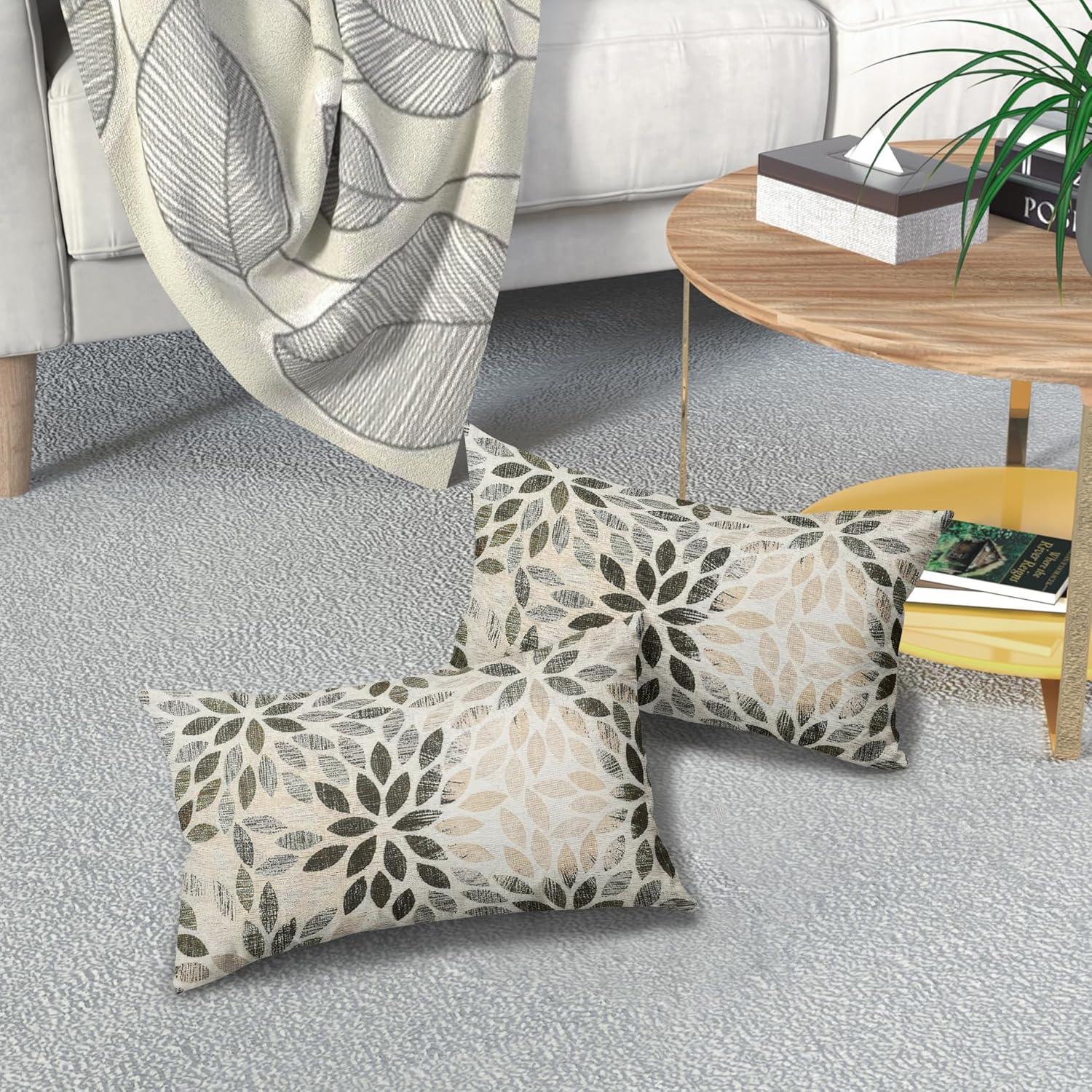 Juego de 2 fundas de almohada lumbar de dalia marrón de 12 x 20 pulgadas, fundas de almohada rectangulares decorativas con flores geométricas