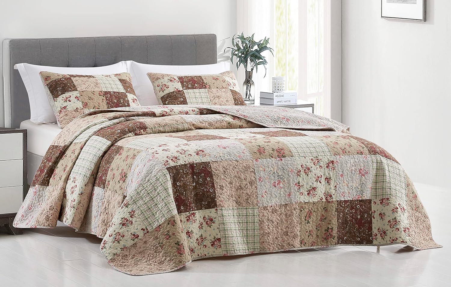 Chezmoi Collection Cynthia – Juego de edredón elegante de 3 piezas, colcha floral a cuadros, colcha reversible ligera de algodón prelavado, tamaño
