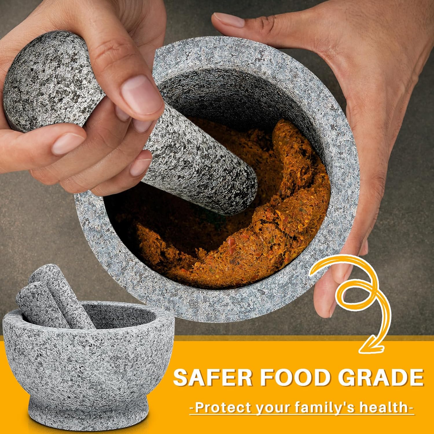 Sliner Juego de mortero y mortero grande de 8 pulgadas con capacidad para 5 tazas, cuencos de granito de guacamole con dos majas de diferentes