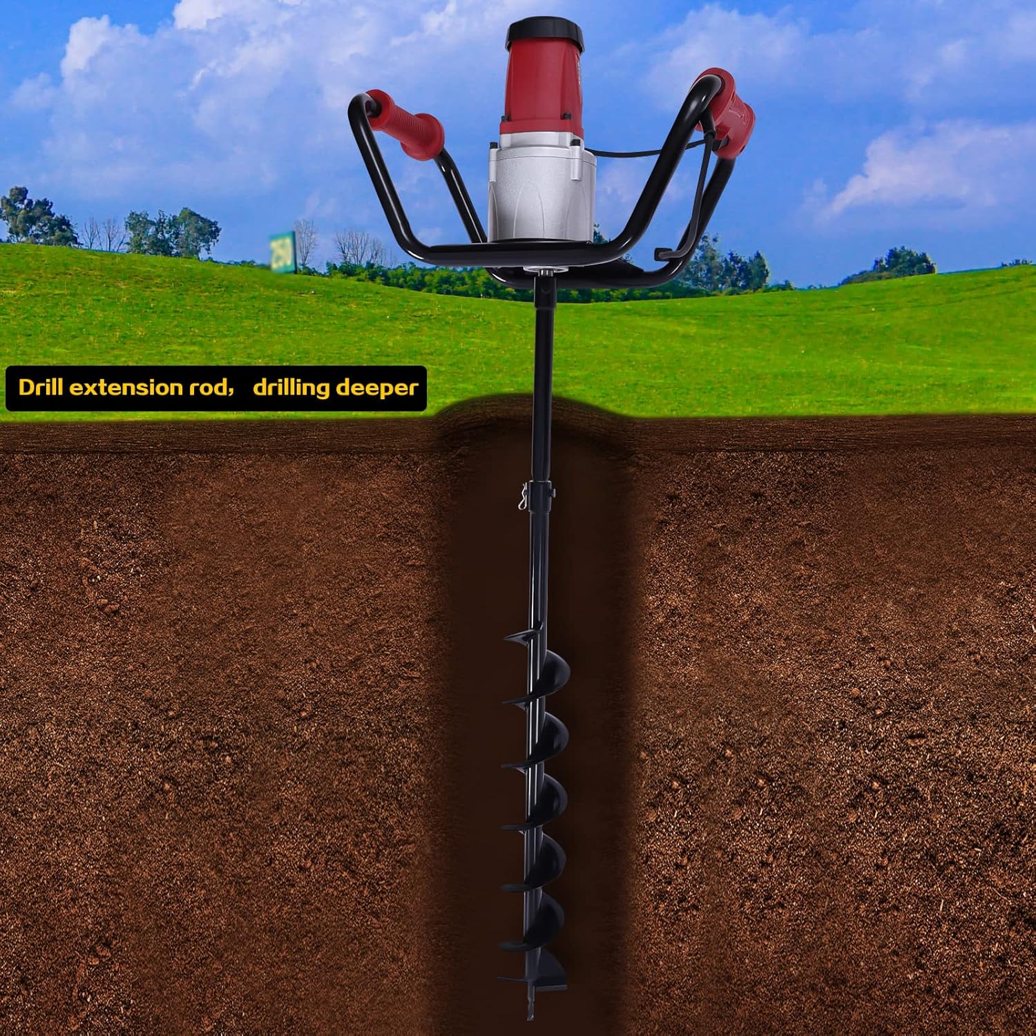 ZERNEIL Máquina eléctrica de 1500 W, perforadora de taladro ajustable de tierra de jardín de 1.6 HP con broca de 4 pulgadas, herramienta de jardín