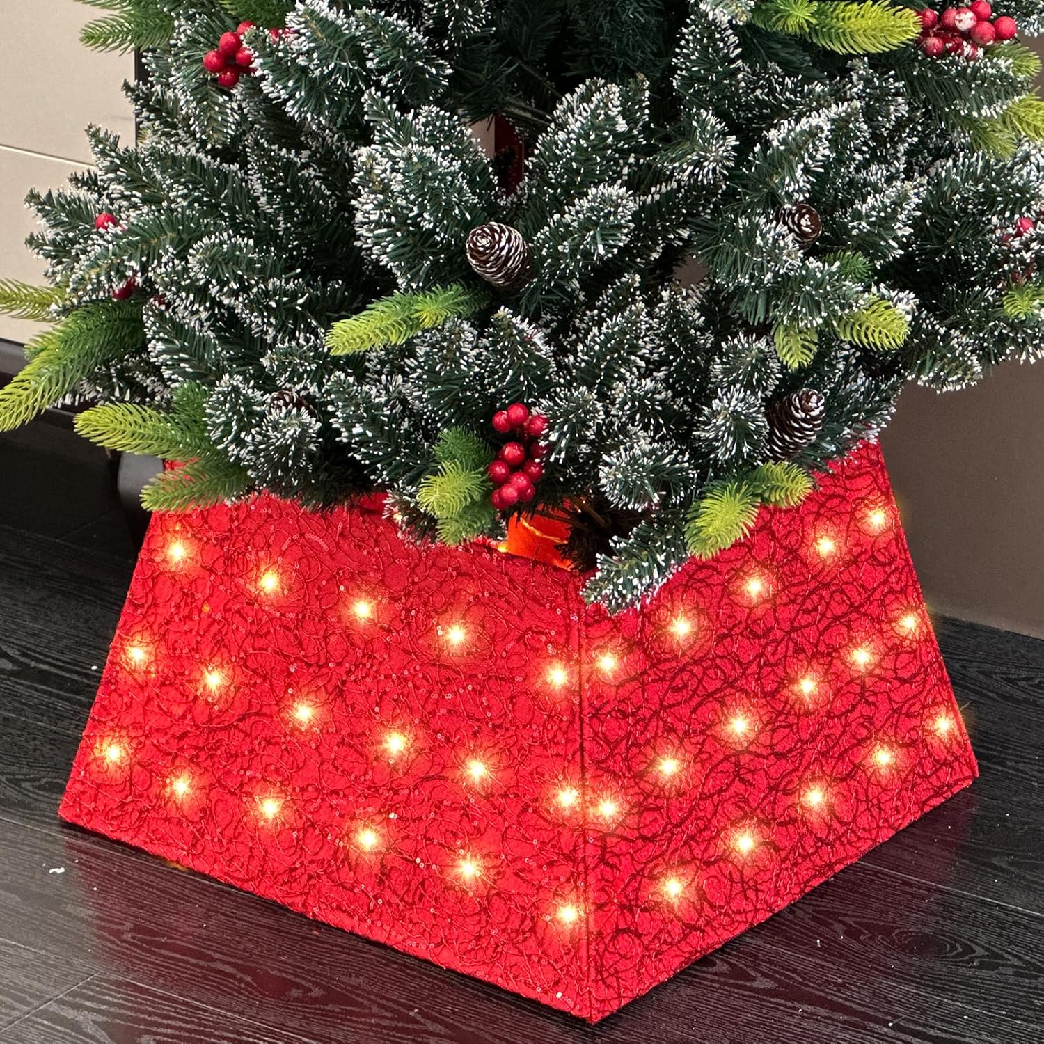 Anycosy Collar de árbol de Navidad con 70 luces LED, anillo de árbol de Navidad alimentado por batería con 8 modos y temporizador para fiesta de