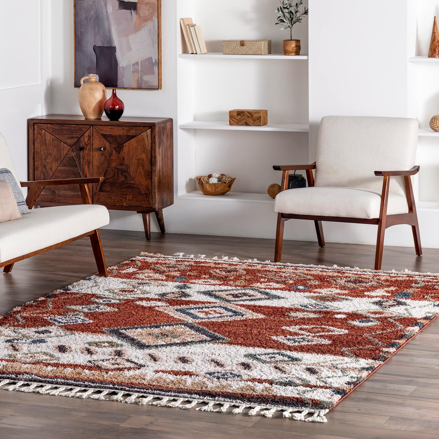 nuLOOM Rosemarie – Alfombra bohemia suave con borlas, 4 x 6, color rojo