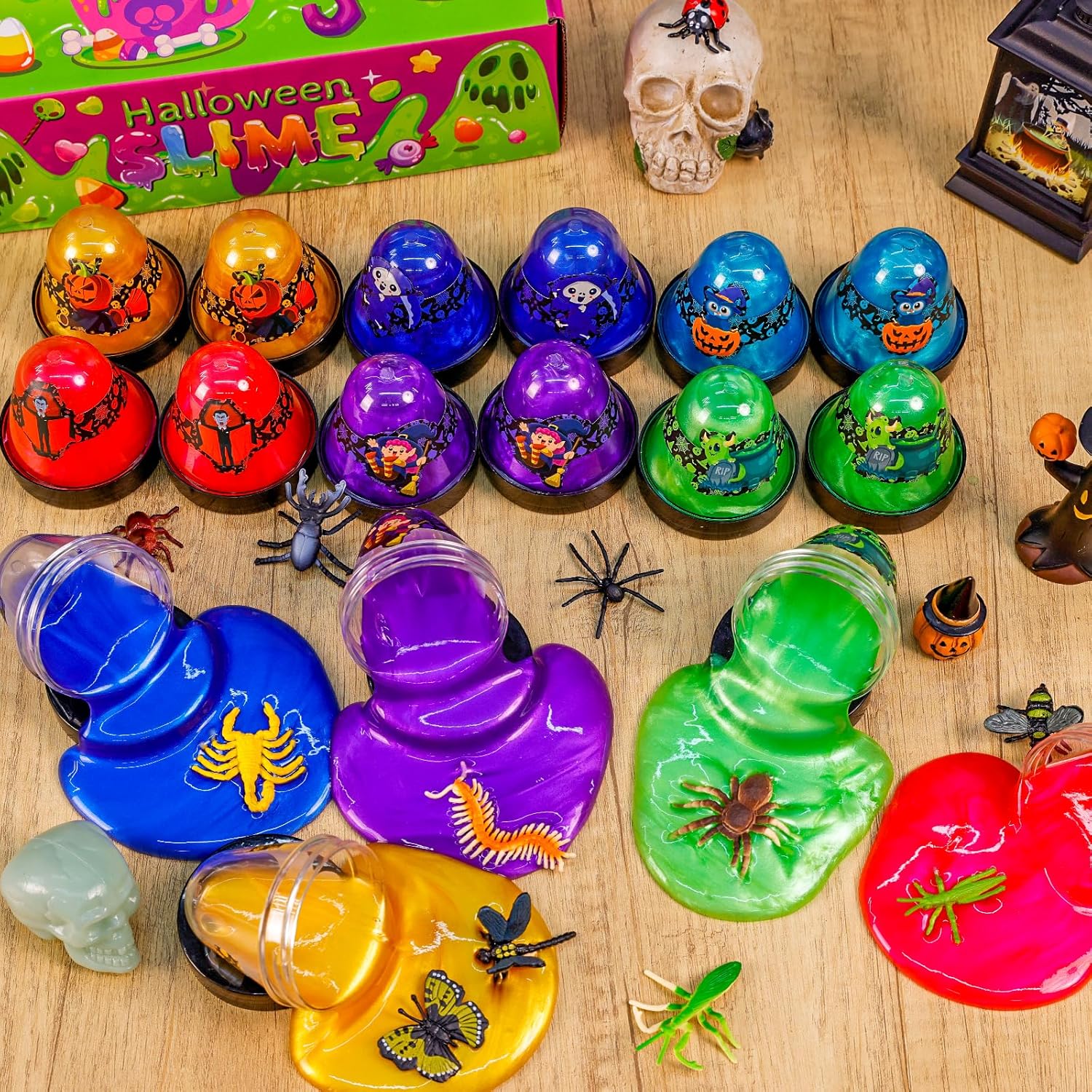 MGparty Recuerdos de fiesta de Halloween para niños, paquete de 12 unidades de slime con insectos de plástico, juguetes de limo para aliviar el