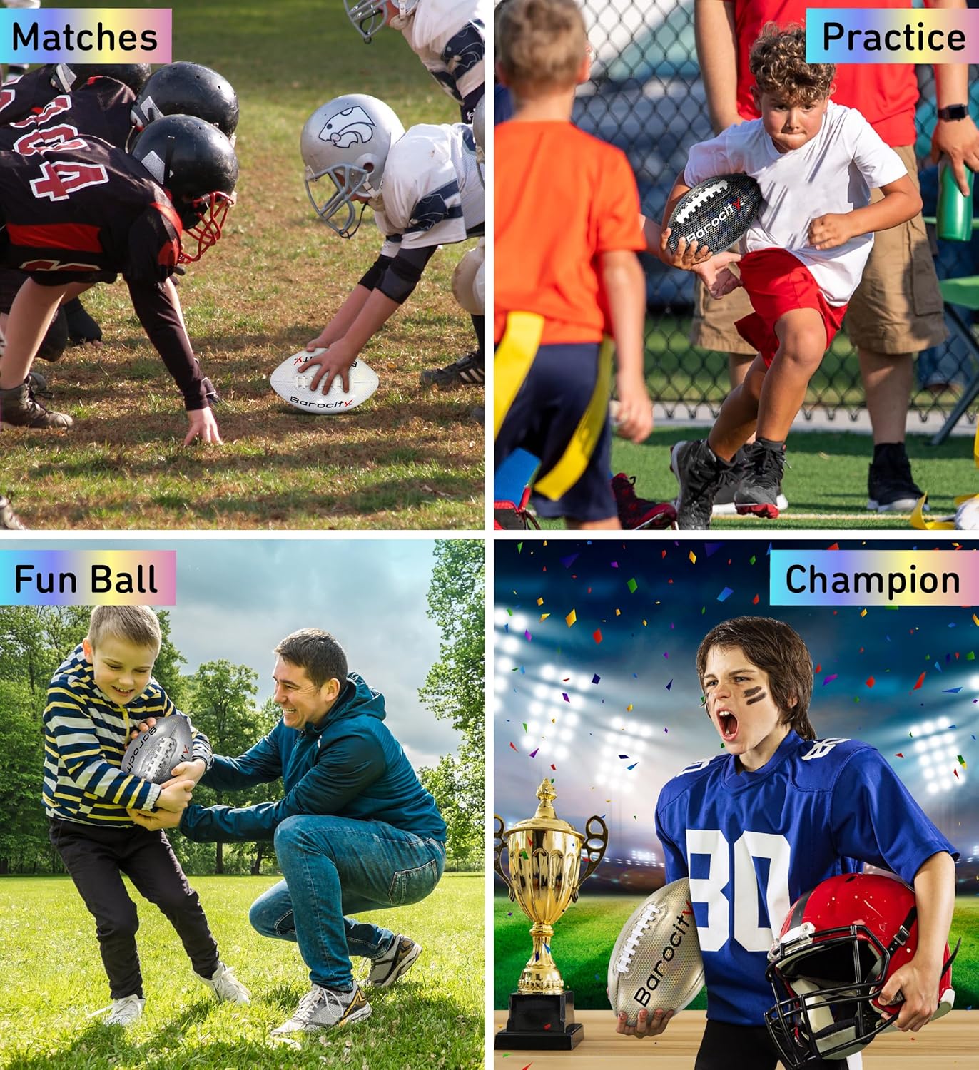 Footballs for Kids – Reflective Iridescent Rainbow Hex Pattern Boy and Girl Official Match Football – 4 Premium Durable Training Balls