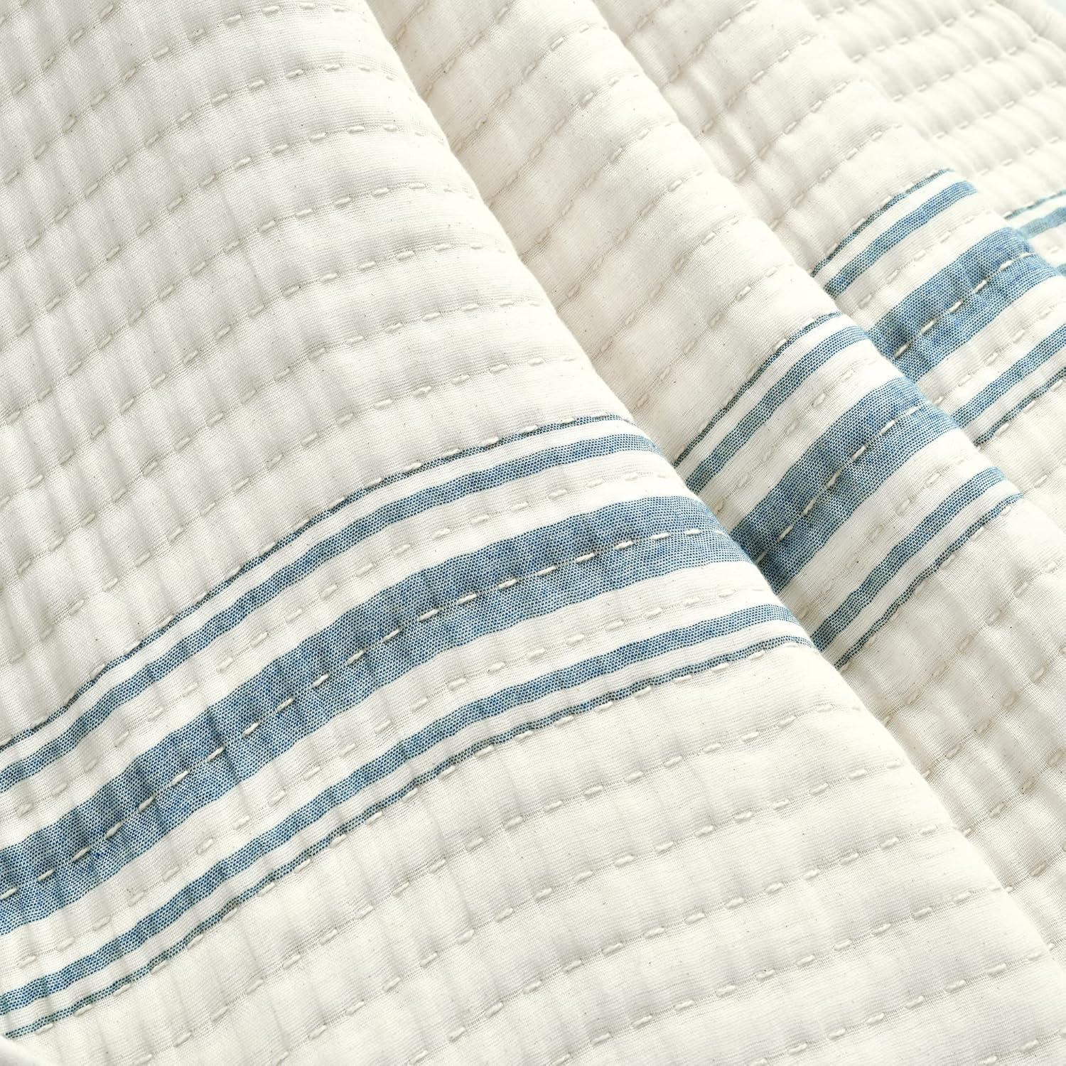 Lush Decor Farmhouse Stripe Kantha Pick Stich – Manta tejida de algodón teñido, reversible, 50 x 60 pulgadas, color azul