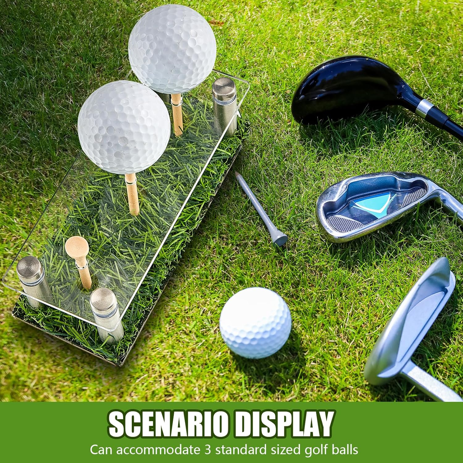 Menkxi Exhibición de pelotas de golf de acrílico y metal, soporte de exhibición de pelotas de golf con base negra y césped con capacidad para 3